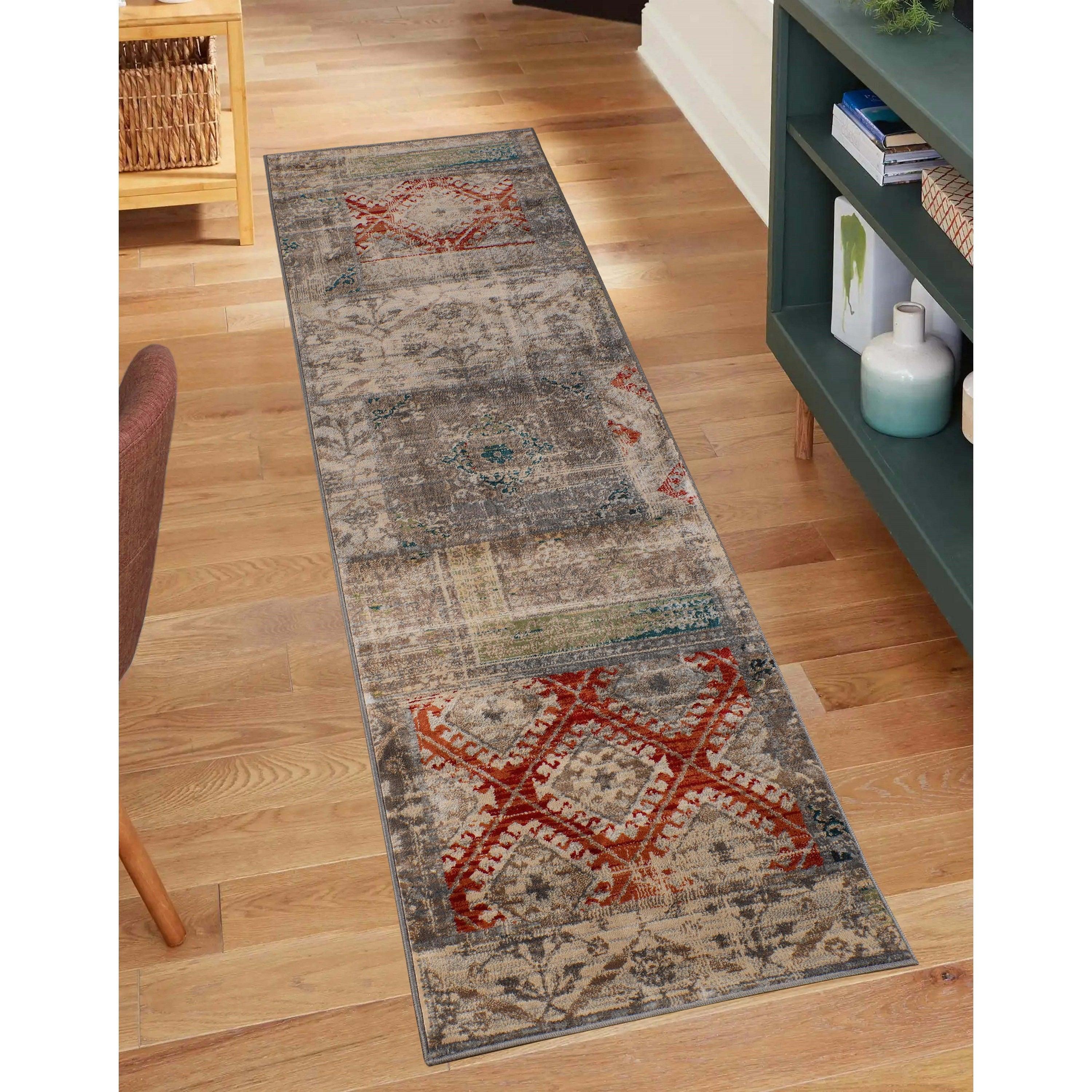 Amara Modern Distressed Patchwork Indoor Area Rug - Non-Slip Bohemian Floor Carpet for Living Room, Bedroom, Dining Room Decor