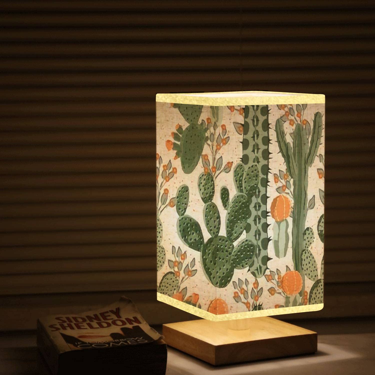 Dimmable Square Bedside Table Lamp with Green Succulent Cactus & Orange Flowers Design - Wooden Base & Flaxen Fabric Shade for Bedroom, Living Room, Office - Perfect Nightstand Lamp for Reading, Relaxing & Home Decor
