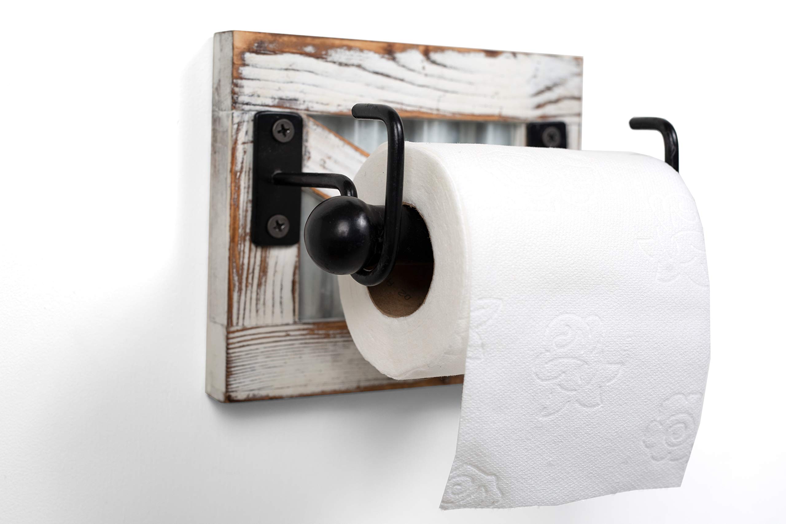 Rustic Farmhouse Toilet Paper Holder - Whitewashed Wood Barn Door & Galvanized Metal Bathroom Decor - Vintage Toilet Paper Roll Stand for Country, Cottage & Farmhouse Style Bathrooms - Perfect for Rustic Home, Cabin or Airbnb Decor