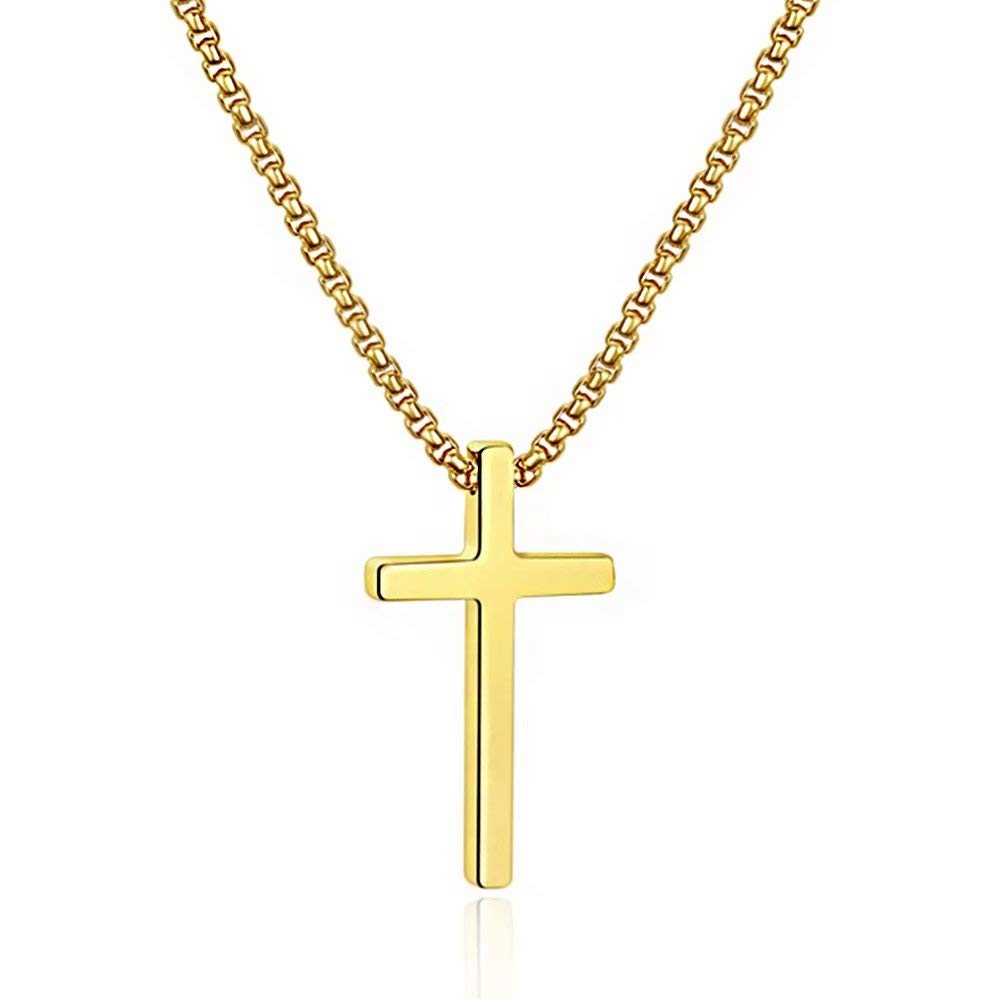 Men's Stainless Steel Cross Pendant Necklace - Silver, Black & Gold Plain Cross Necklace with Adjustable 16-30 Inch Box Chain | Religious Jewelry Gift for Baptism, Confirmation & Everyday Wear