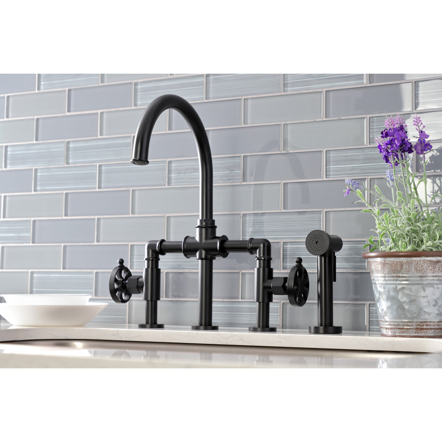 Belknap KS2330RX Matte Black Industrial Style Bridge Kitchen Faucet - 4 Hole Deck Mount with Brass Side Sprayer - Perfect for Farmhouse, Commercial & Restaurant Kitchens
