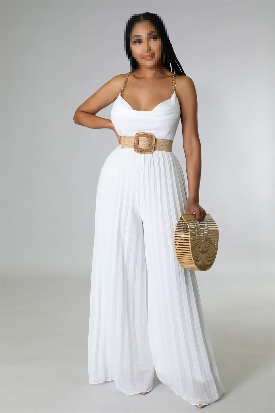 Sexy V Neck Spaghetti Strap Jumpsuit for Women - Elegant Pleated Wide Leg Long Romper with Sashes | Perfect for Casual Outings, Summer Vacations & Night Out Parties