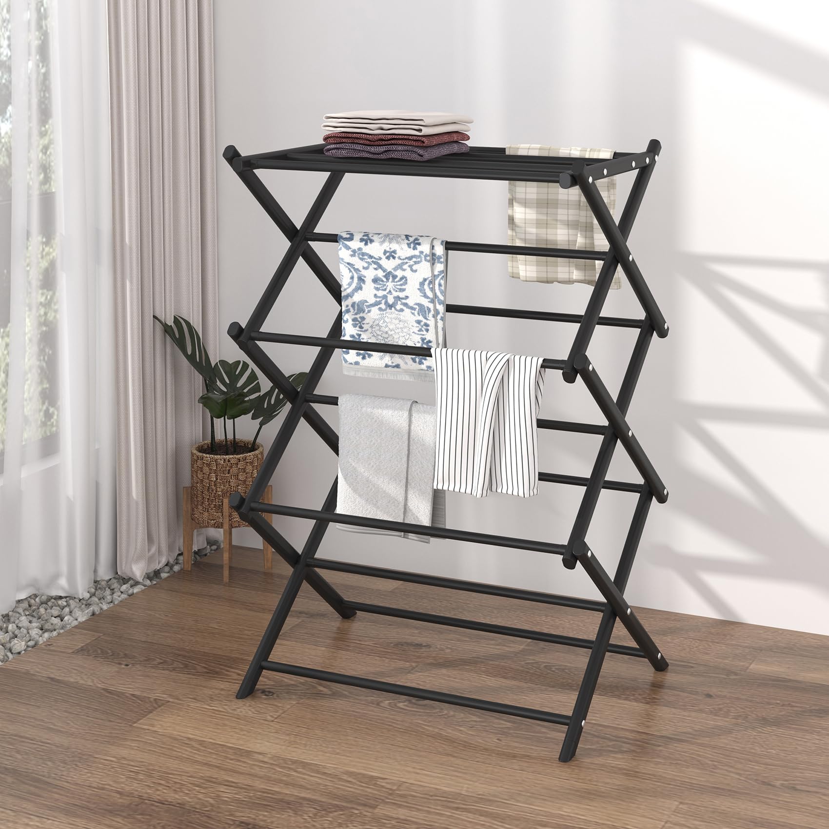 Space-Saving Foldable Clothes Drying Rack for Indoor Laundry - Black Multi-Tiered Towel & Garment Hanger - Perfect for Apartments, Dorms & Small Spaces