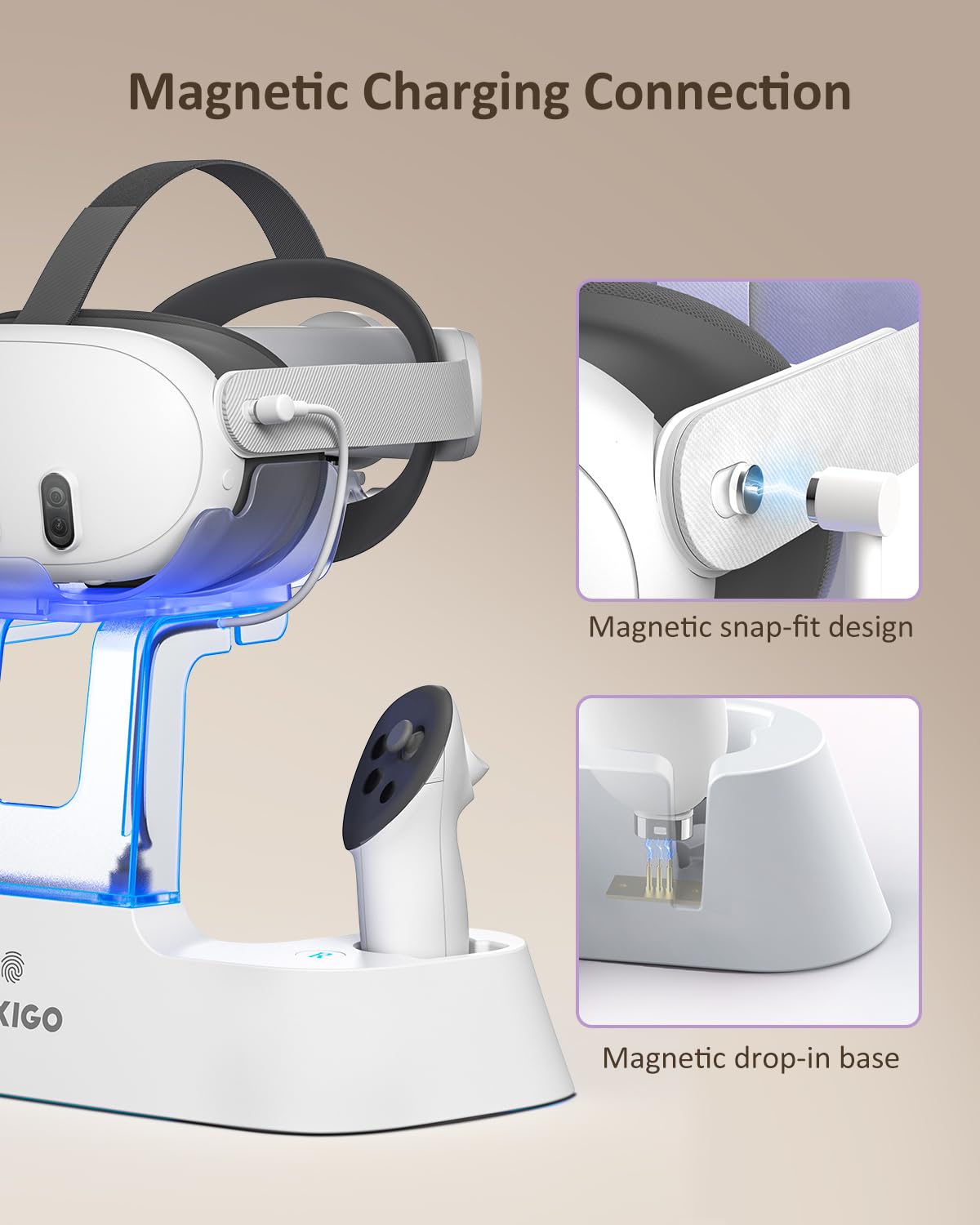 NexiGo Enhanced Charging Dock for Meta Quest 3 & 3S - LED Light Indicator, Elite Strap with Battery Compatible, Headset Display Stand & Controller Mount - Includes Rechargeable Batteries (White) - Perfect for VR Gaming Setup & Organized Storage