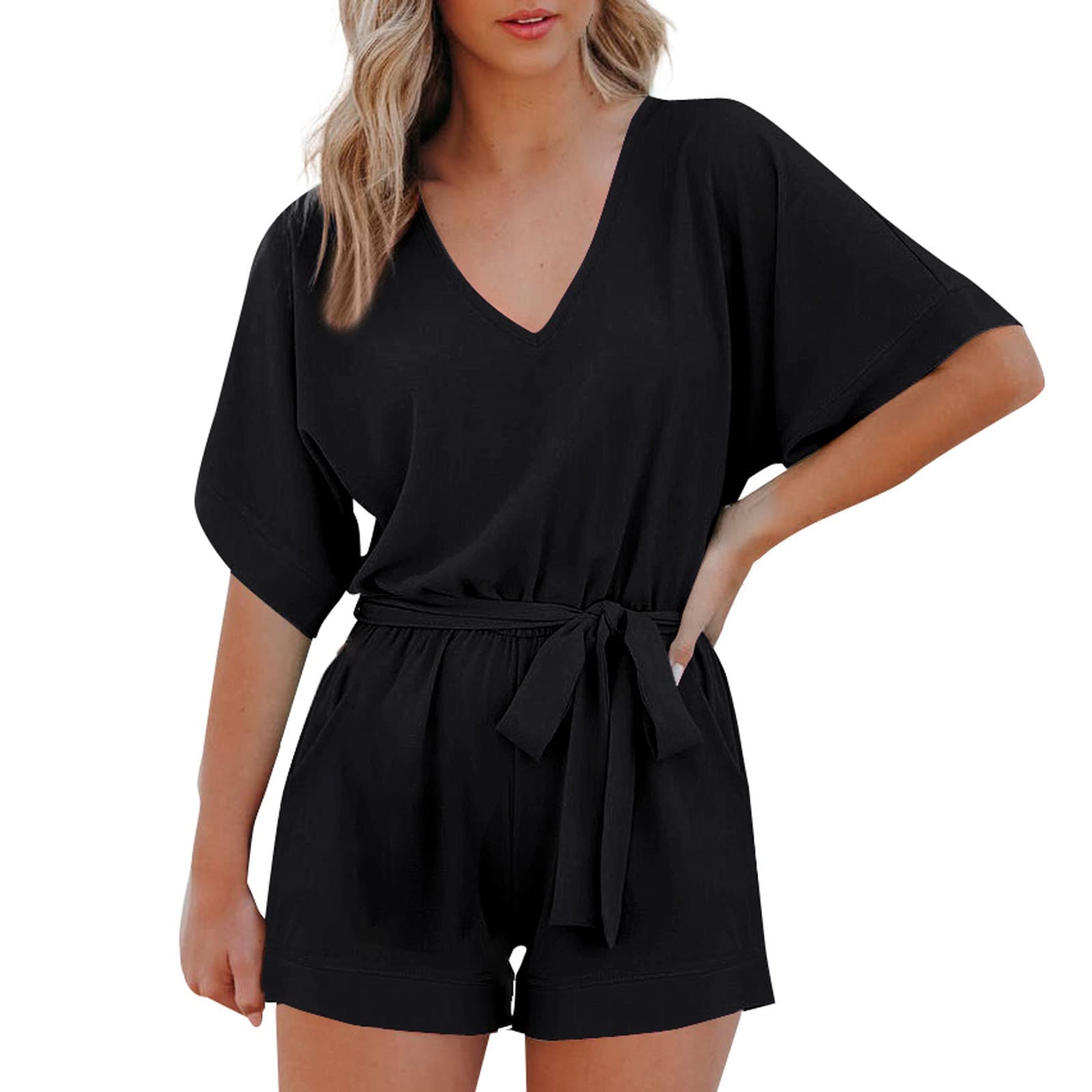 Women's Summer Romper - Short Sleeve V-Neck Jumpsuit with Pockets | Casual Short Pant Bodysuit | Perfect for Beach, Vacation & Loungewear