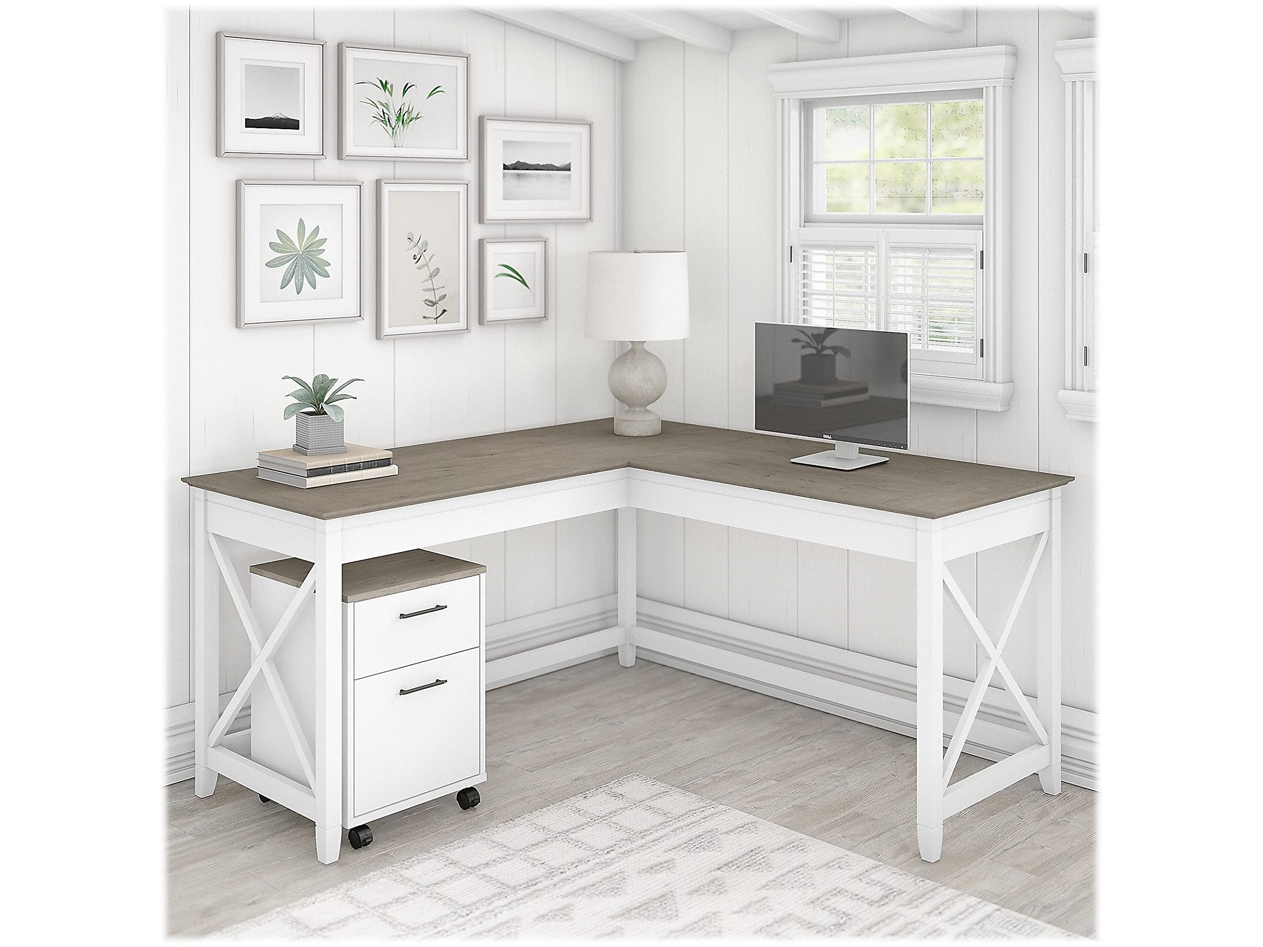 Bush Furniture Key West 60W L-Shaped Desk with 2 Drawers & Mobile File Cabinet - Pure White & Shiplap Gray | Home Office Workstation for Small Spaces & Gaming Setup