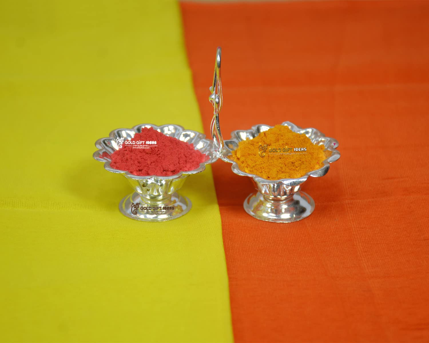 Silver Plated Big Flower Jod Kamal Kankavati (Haldi Kumkum Karand) - Indian Pooja Items Set with Potli Bag (10 Pieces) for Housewarming, Baby Shower & Religious Ceremonies | Perfect Hindu Ritual Gift for Weddings, Diwali & Spiritual Occasions