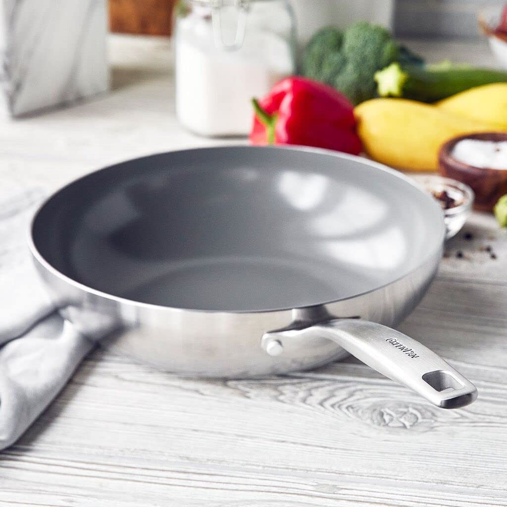 GreenPan Chatham Tri-Ply Stainless Steel Healthy Ceramic Nonstick 11-Inch Wok Pan - PFAS-Free, Multi-Clad, Induction Compatible, Dishwasher & Oven Safe (Silver) - Perfect for Asian Stir-Fry, Sautéing & Healthy Cooking