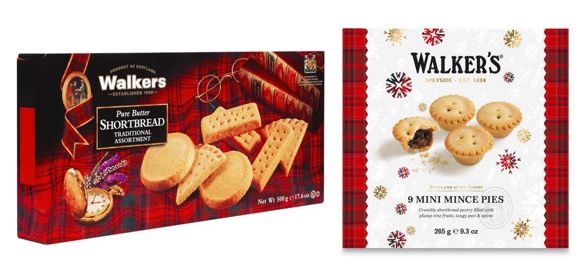 Walker's Pure Butter Shortbread Traditional Assortment (17 Cookies) and Mini Mince Pies (9 Pies) - Authentic Scottish Shortbread Cookies & Holiday Treats Gift Box for Christmas, Tea Time & Special Occasions