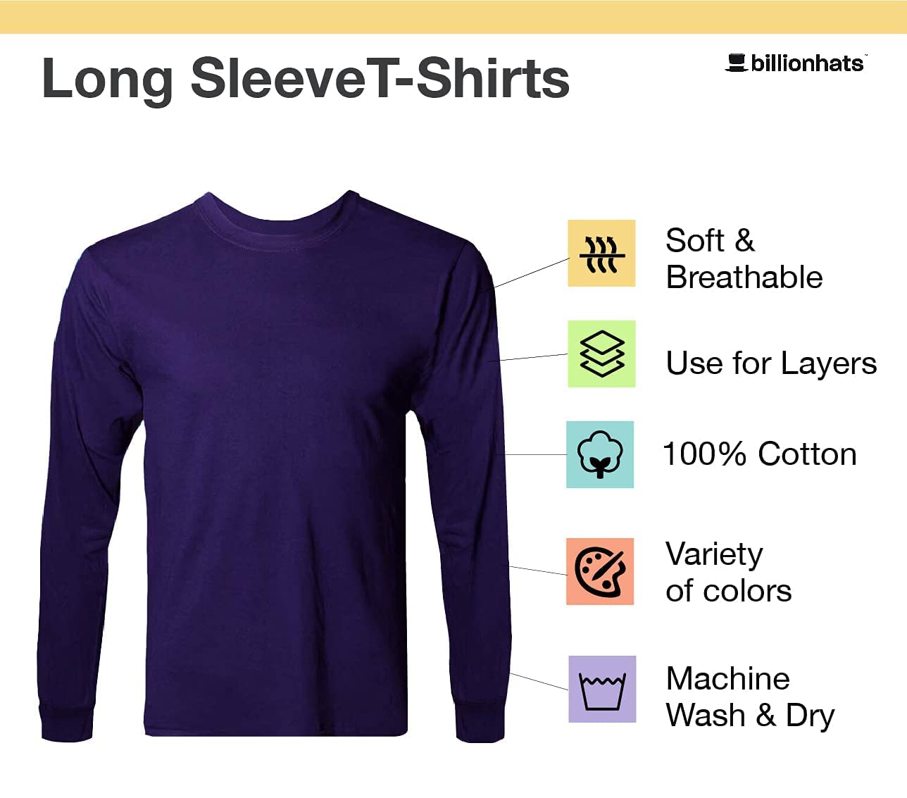 BILLIONHATS 6 Pack Big & Tall Long Sleeve Colorful T-Shirts for Men - 100% Cotton Crew Neck Bulk Tees Wholesale Packs - Casual Wear, Workout & Everyday Comfort