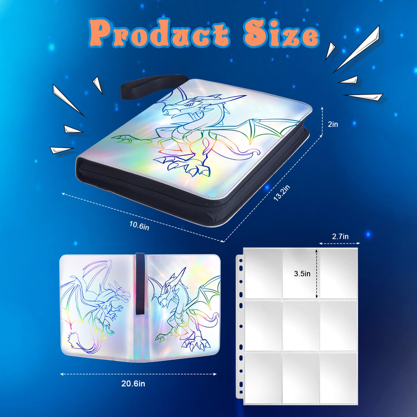 Lictin 9-Pocket Holographic Trading Card Binder - Holds 810 Cards with 45 Removable Sleeves, 3-Ring Card Collection Album for Standard Size Cards (Pokemon, MTG, Yu-Gi-Oh) - Double-Sided Protection for Card Showcase & Storage