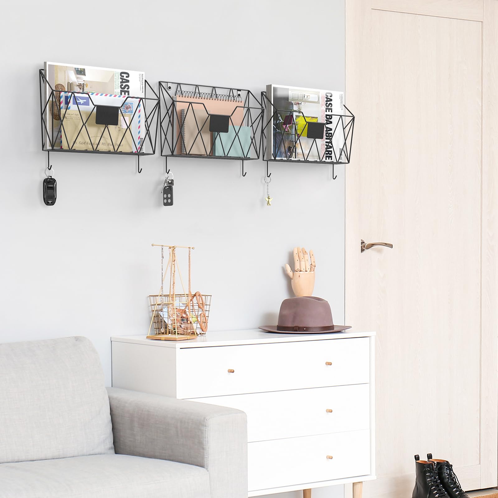 YBING 6-Pack Mesh Wall File Organizer with Hooks - Hanging Wall Mount Magazine Rack, Mail & Paper Holder for Office, Home - Perfect for Organizing Folders, Documents, Clipboards in Black (Ideal for Small Spaces & Home Office Organization)