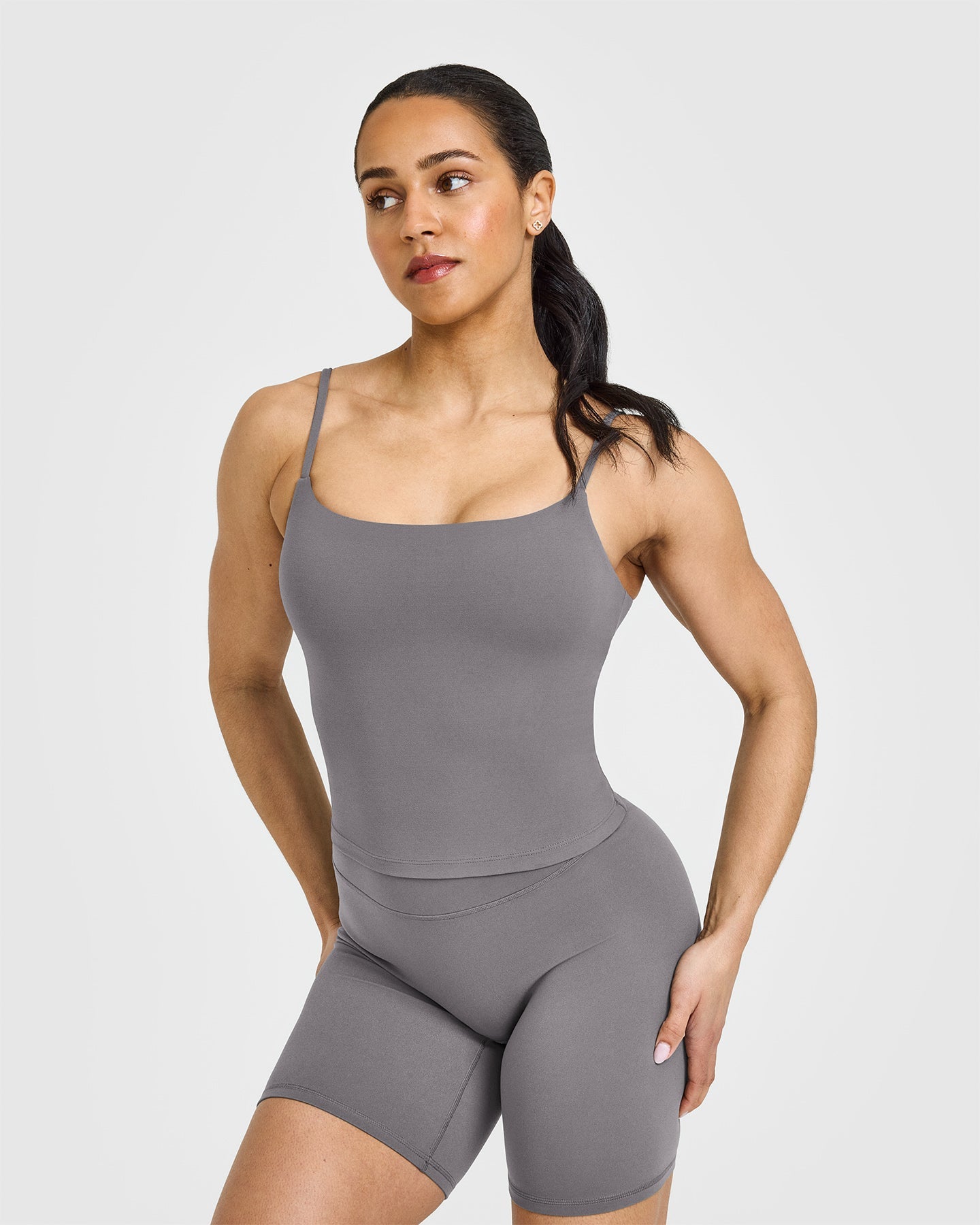 SoftMotion™ Strappy Mid Vest with Built-in Bra Shelf - Ash Grey | Comfortable Workout Top for Yoga, Running & Gym | Women's Activewear