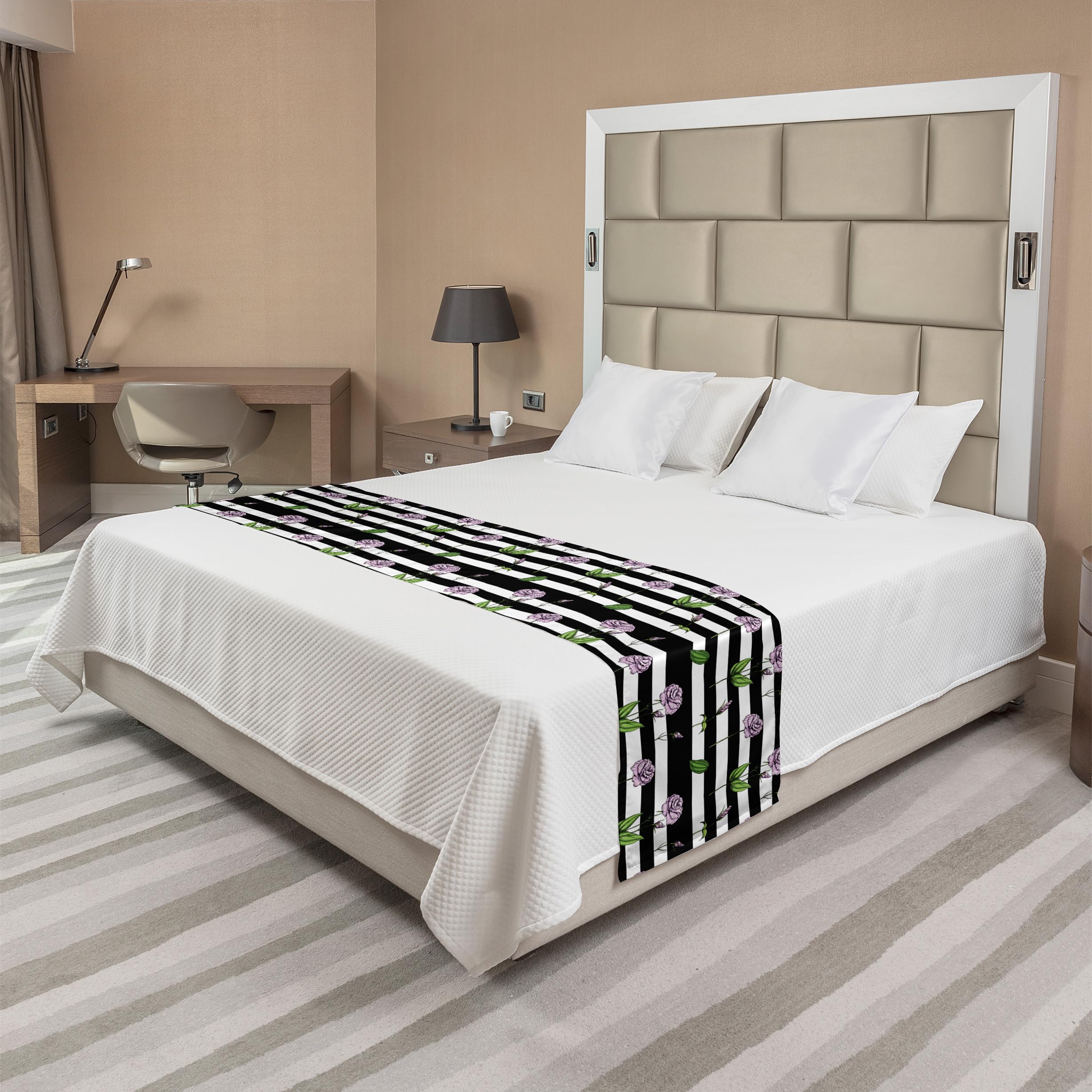Ambesonne Rose Bed Runner - Pink Rose Flowers on Black & White Striped Background, Decorative Bed Scarf for Queen & King Beds - Perfect for Hotels, Homes & Guestrooms (Black & White) - Elegant Bedroom Decor & Wedding Accent