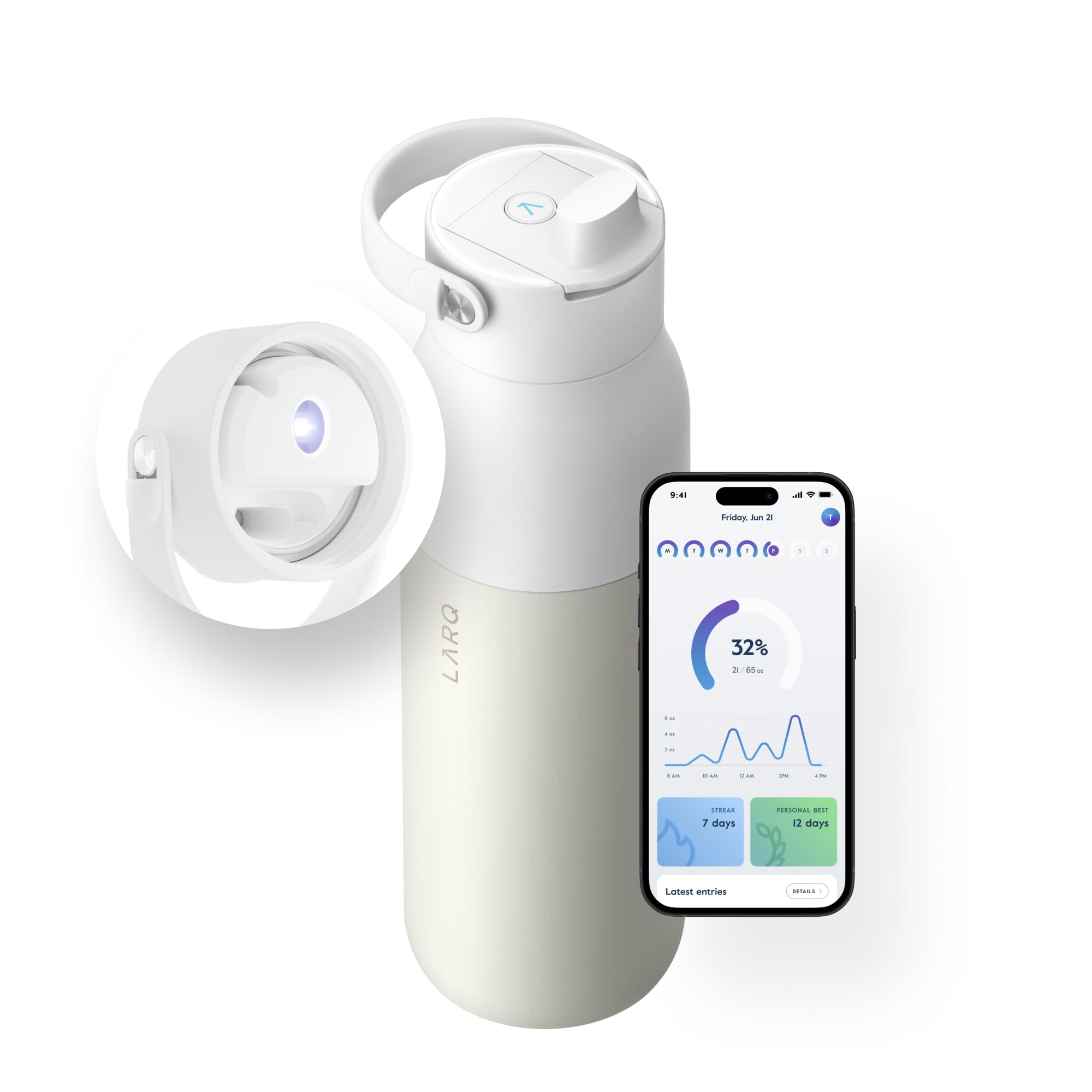 LARQ Bottle PureVis 2 - Self-Cleaning UV Water Purifier with Hydration Tracking App, Filter Straw & Detachable Handle | 24hr Double-Wall Insulated Stainless Steel Water Bottle for Hiking, Gym & Travel