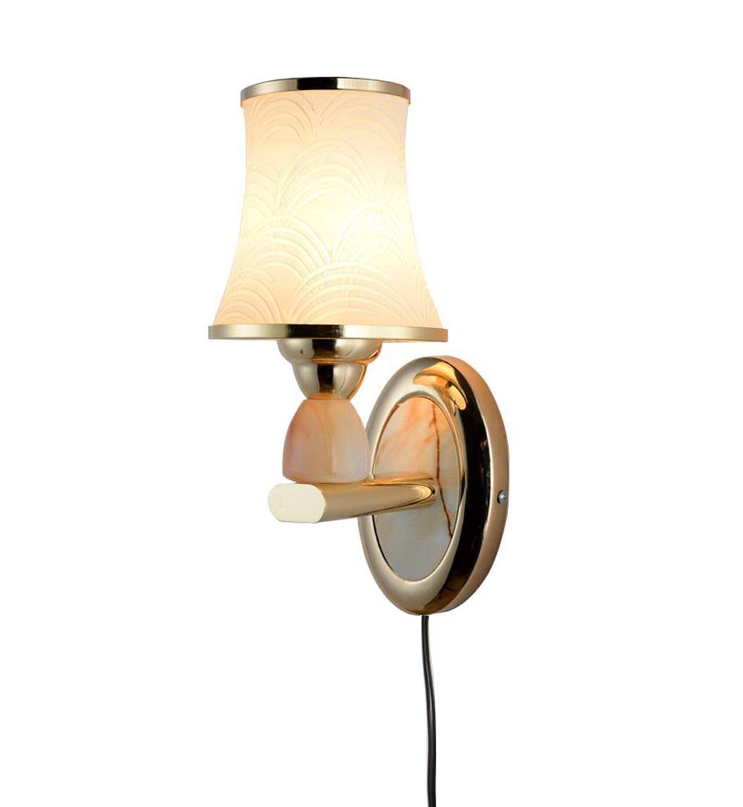 E27 Plug-in Wall Light Lamp - Metal White Glass Shade for Bedroom, Living Room, Staircase Lighting - Vintage Gold Finish - Perfect for Bedside, Hallway & Home Decor
