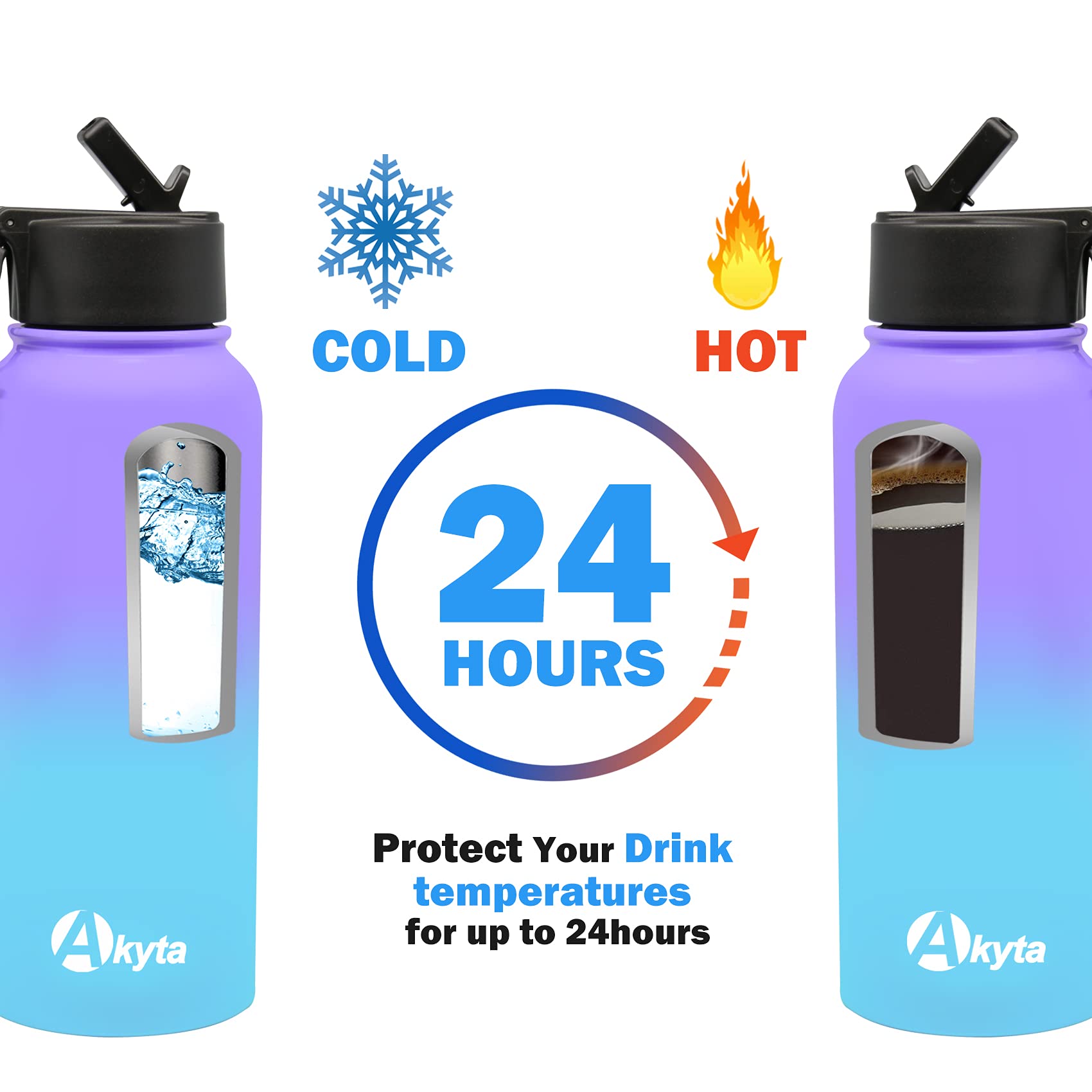Akyta 32oz Insulated Stainless Steel Water Bottle with Straw Lid - Double Wall Vacuum Thermos for Hot & Cold Drinks - Leakproof Sports & Gym Bottle (32 Ounce, Purple Blue) - Perfect for Hiking, Workouts & Outdoor Activities