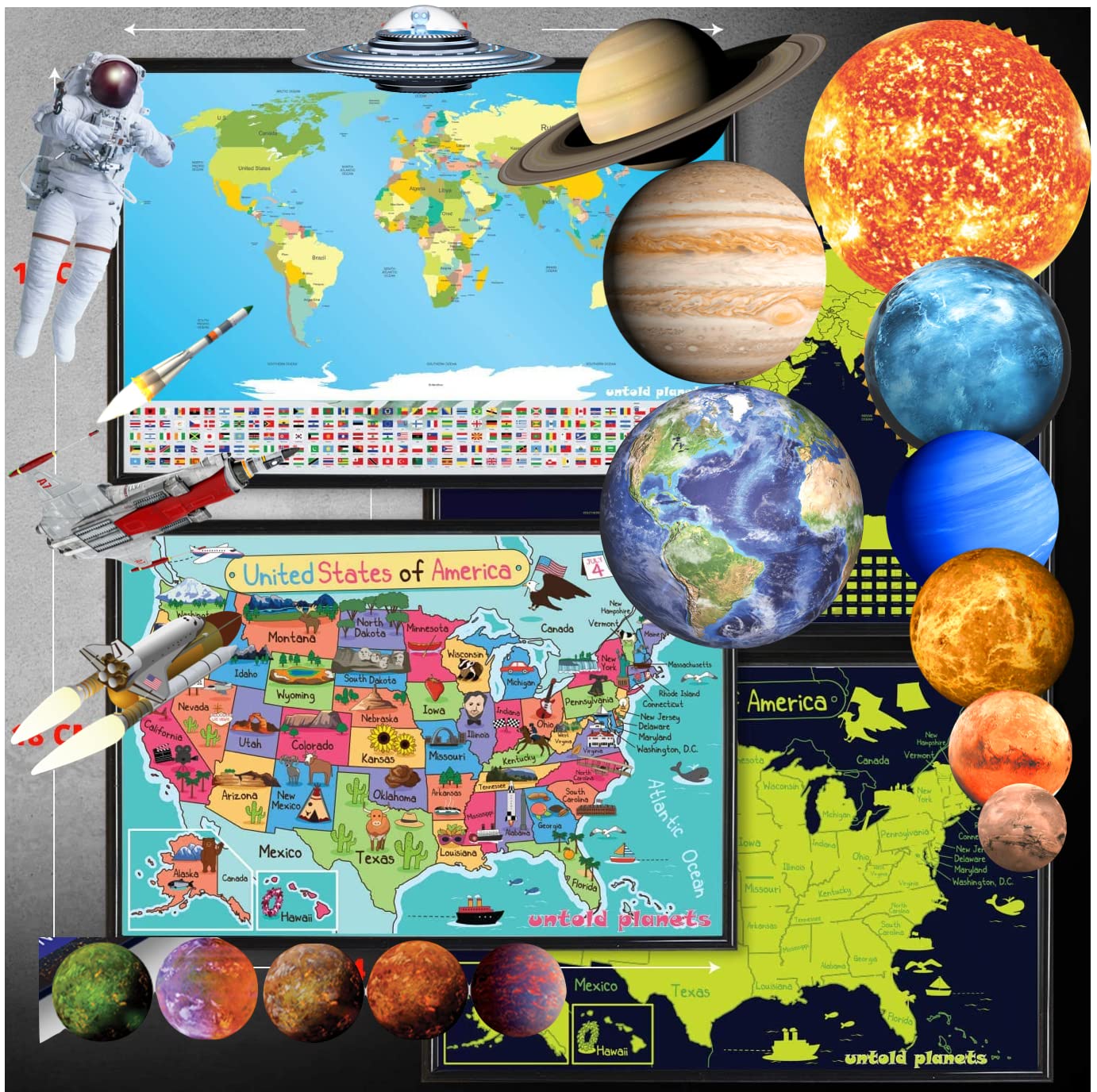 Glow in the Dark Stars and Planets - Self-Adhesive Wall Decals for Kids Room, Nursery & Classroom Decor - Perfect for Night Sky Ceiling, World Map & US Map Wall Stickers - Fun Educational Space Themed Bedroom Decorations
