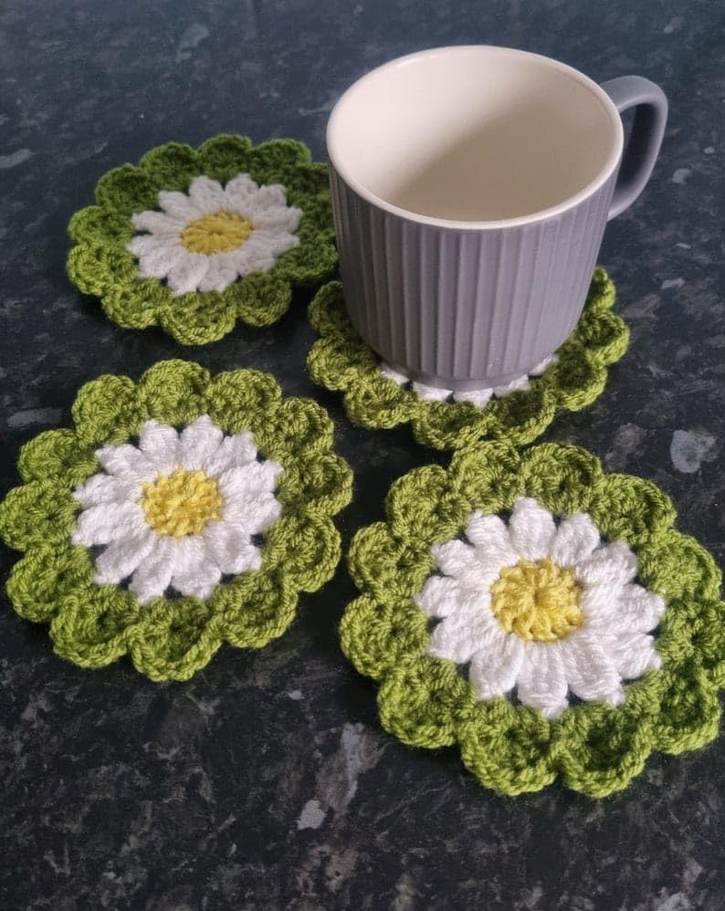 Handmade Crochet Doily Coasters Set of 6 - Cotton Lace Coasters in Green, White & Yellow - Custom Made - Perfect for Tea Parties, Home Decor & Gift Giving
