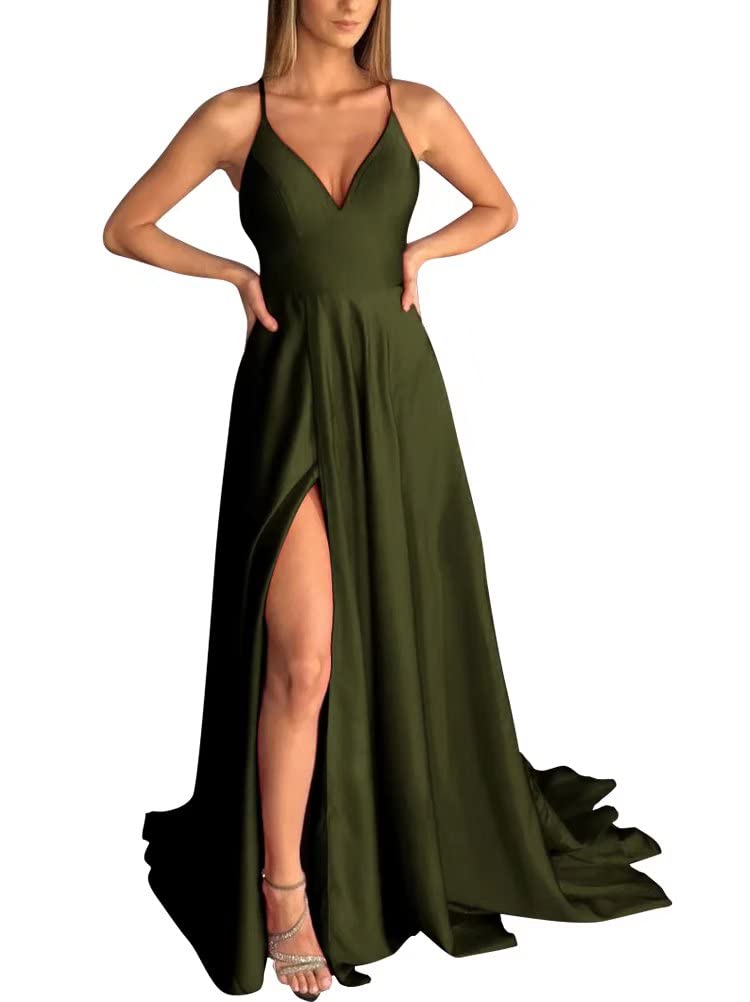 Elegant Olive Green V-Neck Satin Prom Dress with High Slit - Sleeveless Formal Evening Gown for Women Size 26W | Perfect for Weddings, Galas & Special Occasions