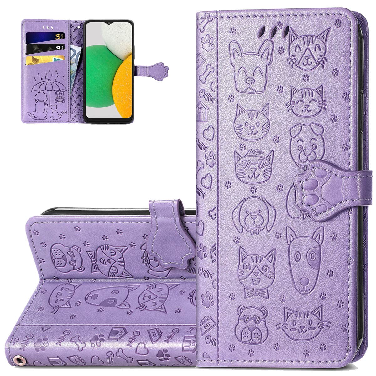 Cute Cartoon Cat Dog Pattern PU Leather Wallet Phone Case for Samsung Galaxy A03 Core - Magnetic Clasp, Cash & Card Slots Holder (Purple) - Perfect for Daily Use, Travel, and Hands-Free Convenience