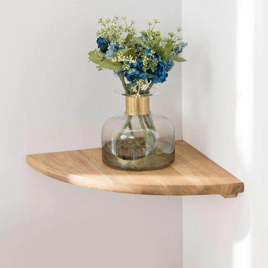 7 Inch Solid Oak Wood Floating Corner Shelf - Wall Mount Round End Speaker Shelf with Wire Hole for Small Plants, Photo Frames - Perfect for Bedroom, Kitchen & Living Room Decor
