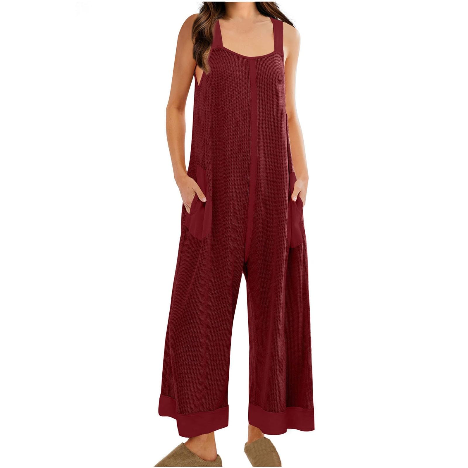 Stylish Women's Sleeveless Jumpsuit with Pockets - Casual Wide Leg Romper Overalls for Women - Loose Fit Comfortable Outfit for Summer, Beach, or Daily Wear