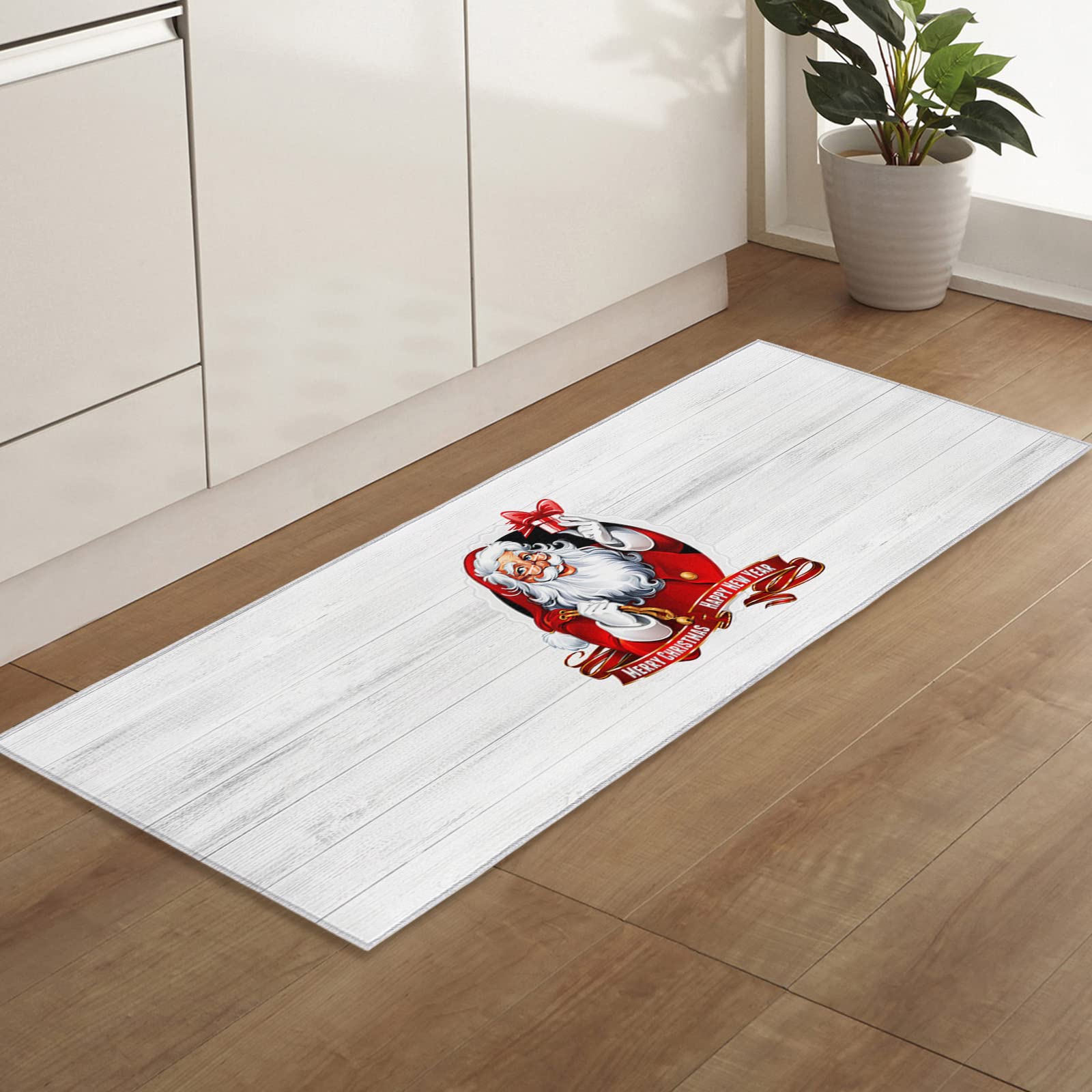 Non-Slip Indoor Door Mat with TPR Backing - Absorbent Soft Bath Rug, Washable Christmas Santa Claus Wood Grain Doormat (24x71 Inch) - Perfect for Front Door, Entrance, Bathroom & Holiday Decor