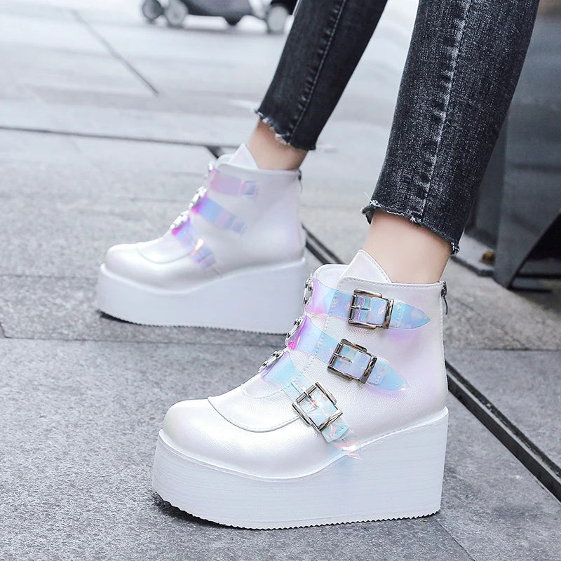 Women's Ankle Boots with Belt Buckle - Street Fashion Casual Wedge Platform Shoes, Size 43, Super High Heel Designer Boots for Women | Perfect for Night Out, Party & Fall/Winter Fashion