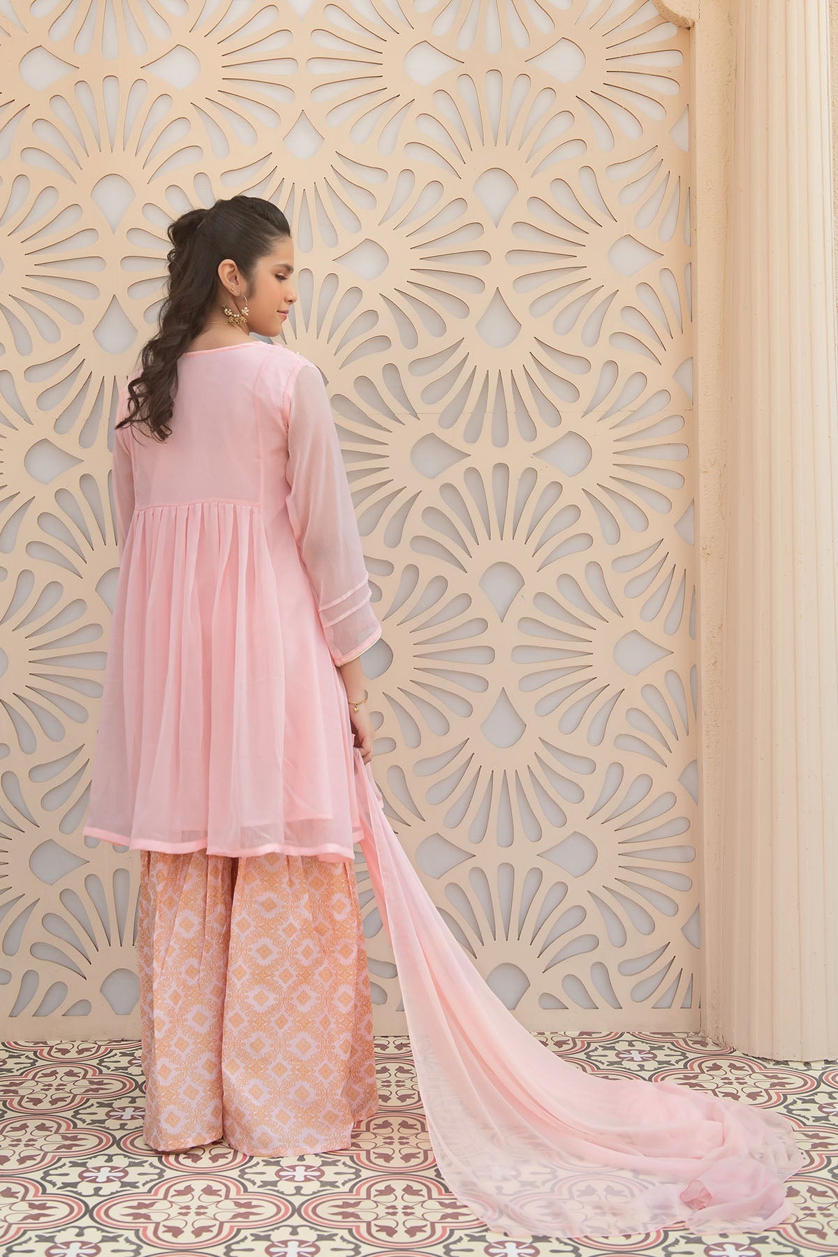 Elegant Chiffon Hand Embroidered Multi-Stitched Suit in Ochre - Perfect for Weddings, Parties & Special Occasions
