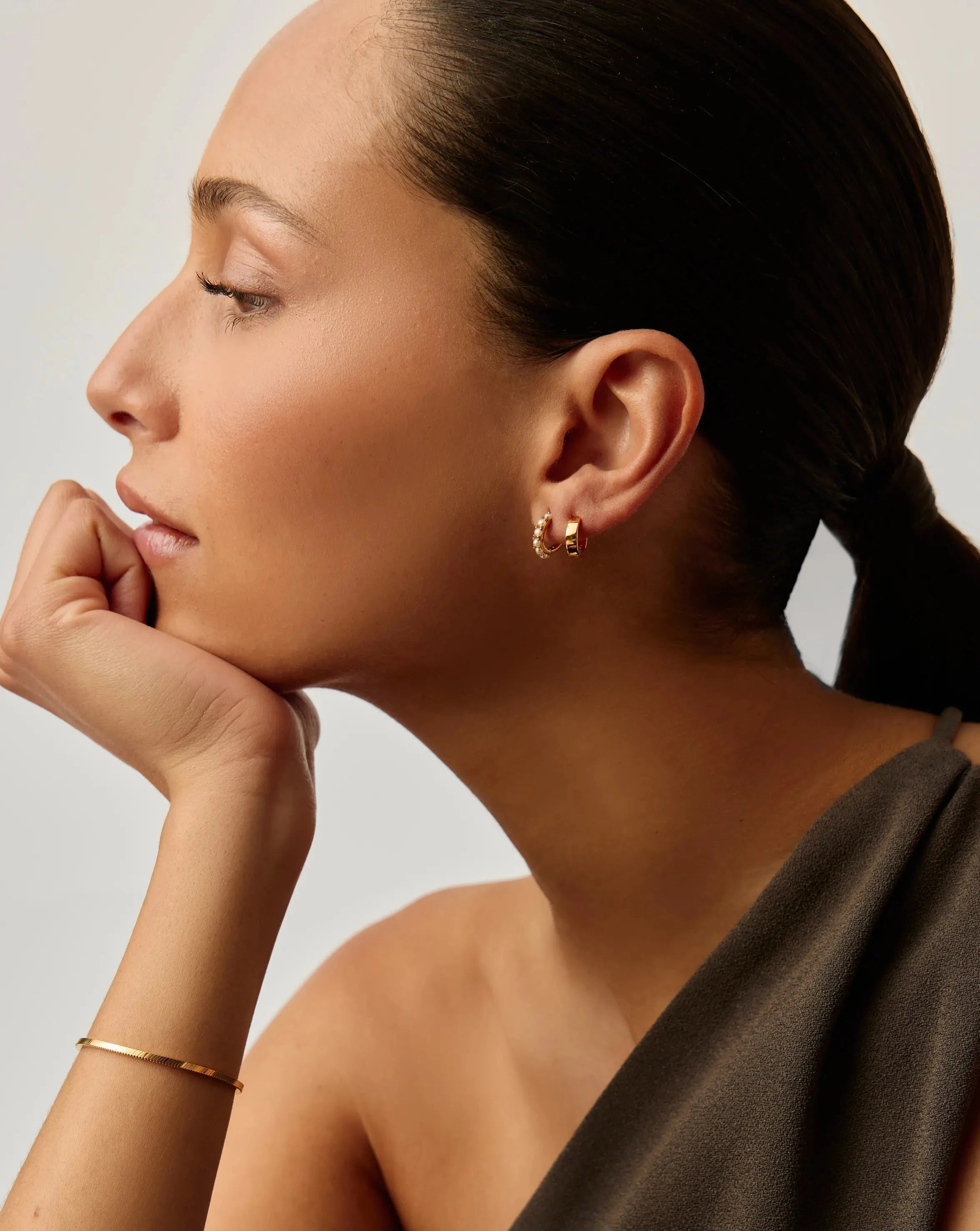 Chubby & Gemstone Huggie Hoop Earrings Set - 18k Gold Plated Vermeil with Pearl Accents | Elegant Everyday Jewelry for Women, Perfect for Office, Date Night & Special Occasions