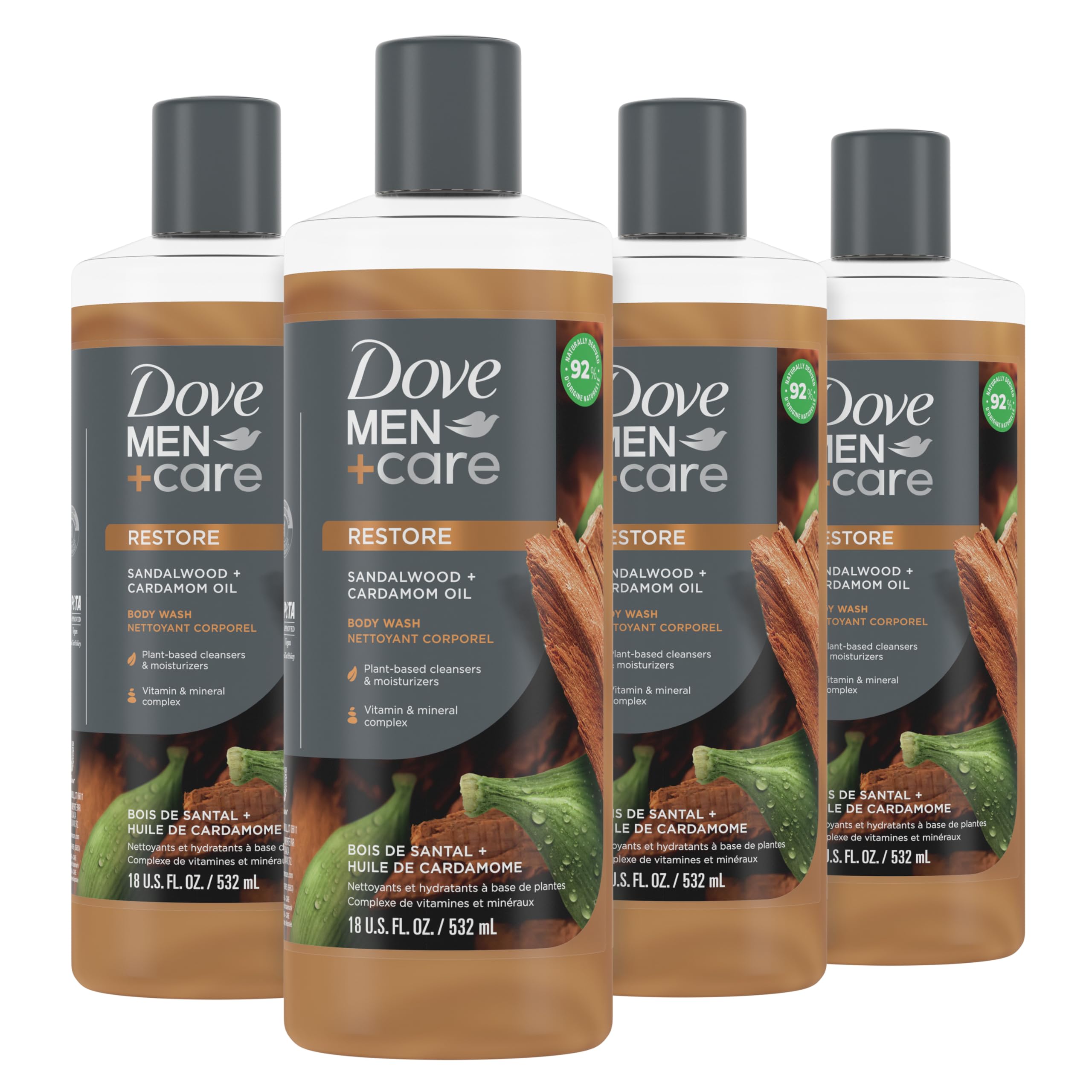 Dove Men+Care Body Wash for Dry Skin - Sandalwood & Cardamom Scented Shower Gel with Natural Oils (4 Pack, 18 oz Each) | Plant-Based Cleansers & Moisturizers | Post-Workout & Daily Shower Essential for Men