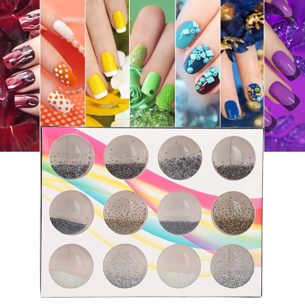 12 Grid DIY Nail Beads Kit - Plastic Glitter Rhinestones for Nail Art, Manicure Decorations & 3D Nail Tips - Perfect for Salon, Home DIY & Party Nail Designs
