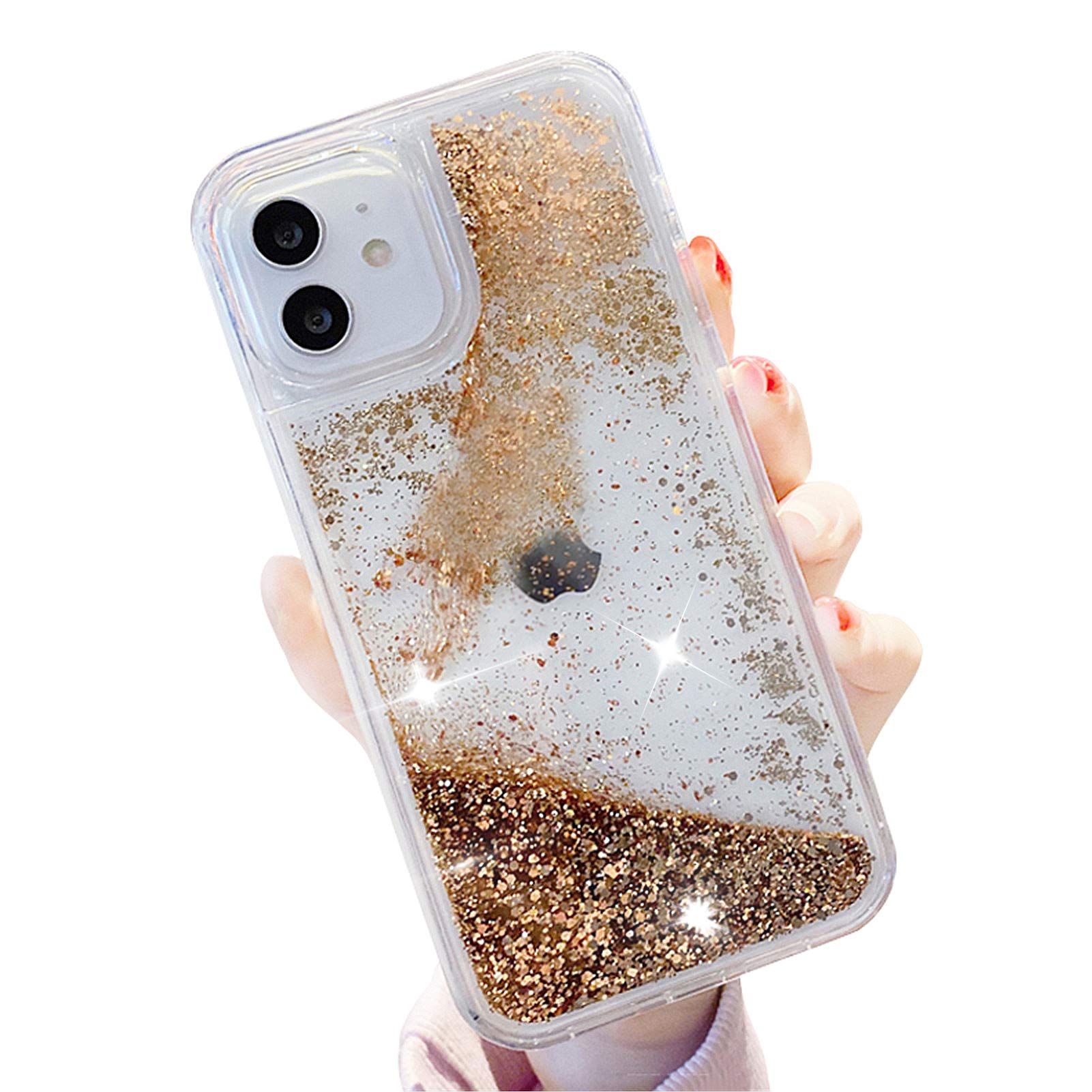 UnnFiko Liquid Glitter Phone Case for iPhone 12 Mini - Hard Back Colorful Bling Quicksand Cover with Sequins (Gold) | Trendy Protective Case for Parties, Nightlife & Everyday Use