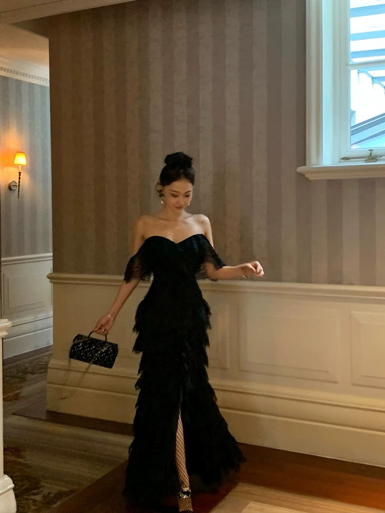 Elegant Off Shoulder Black Lace Prom Dress with High Slit - Formal Evening Gown J4793 for Homecoming, Wedding Guest & Special Occasions