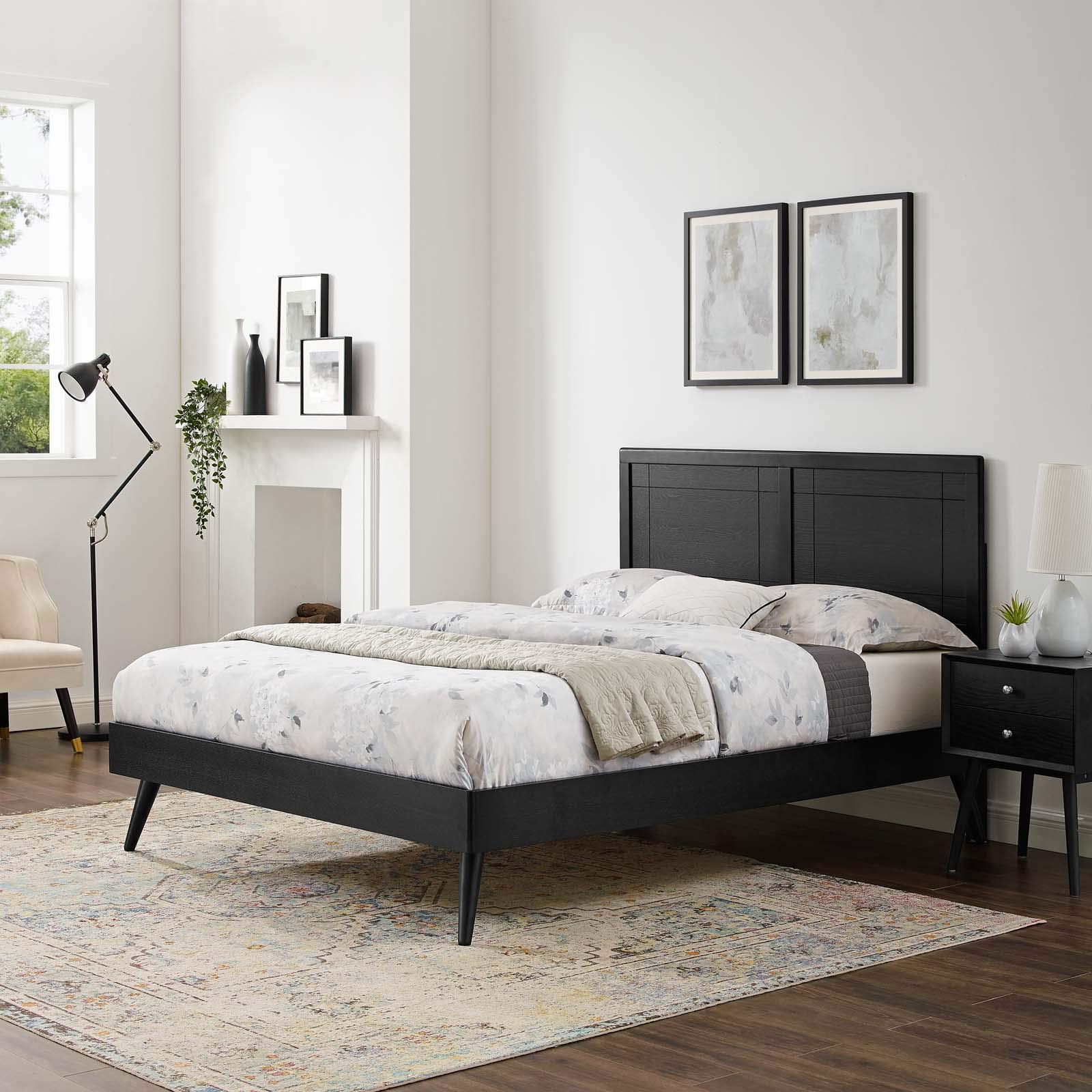 Modway MOD-6629-BLK Marlee King Wood Platform Bed with Splayed Legs - Black Wooden Bed Frame for Modern Bedroom - Perfect for Master Bedrooms, Guest Rooms & Minimalist Home Decor