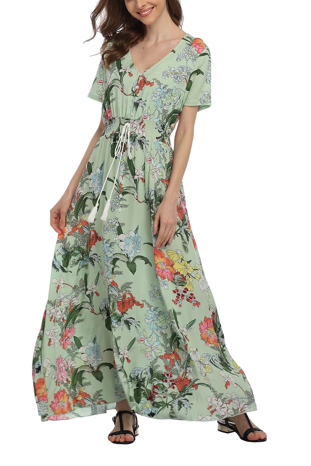 Boho Floral Maxi Dress for Women - Summer Button Up Beach Dress with Side Slit & Flowy Design | Perfect for Beach Parties, Vacations & Casual Outings