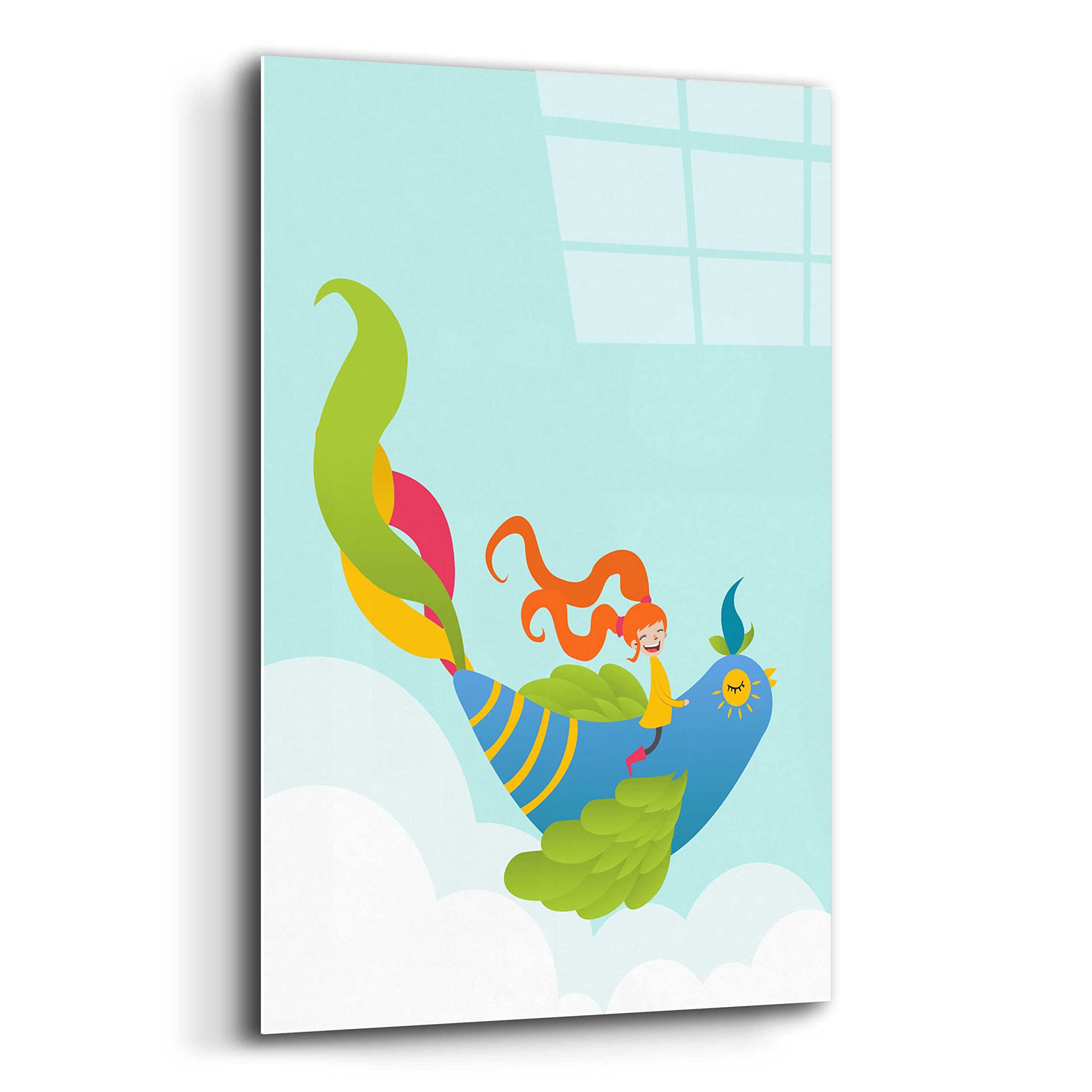 Volkan Dalyan 'Bird and Girl' Acrylic Glass Wall Art - 16x24 Inches Modern Home Decor, Living Room & Bedroom Abstract Painting for Contemporary Interior Design