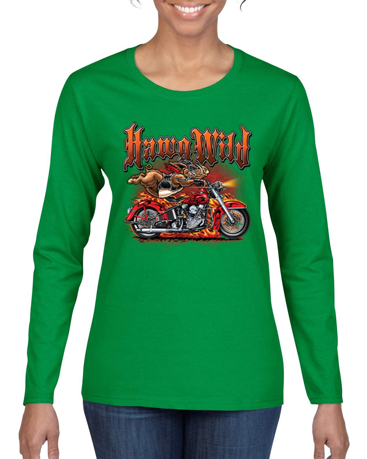 Wild Hawg Motorcycle Flaming Cars & Trucks Women's Graphic Long Sleeve T-Shirt - Biker Apparel for Riding, Casual Wear & Motorcycle Enthusiasts