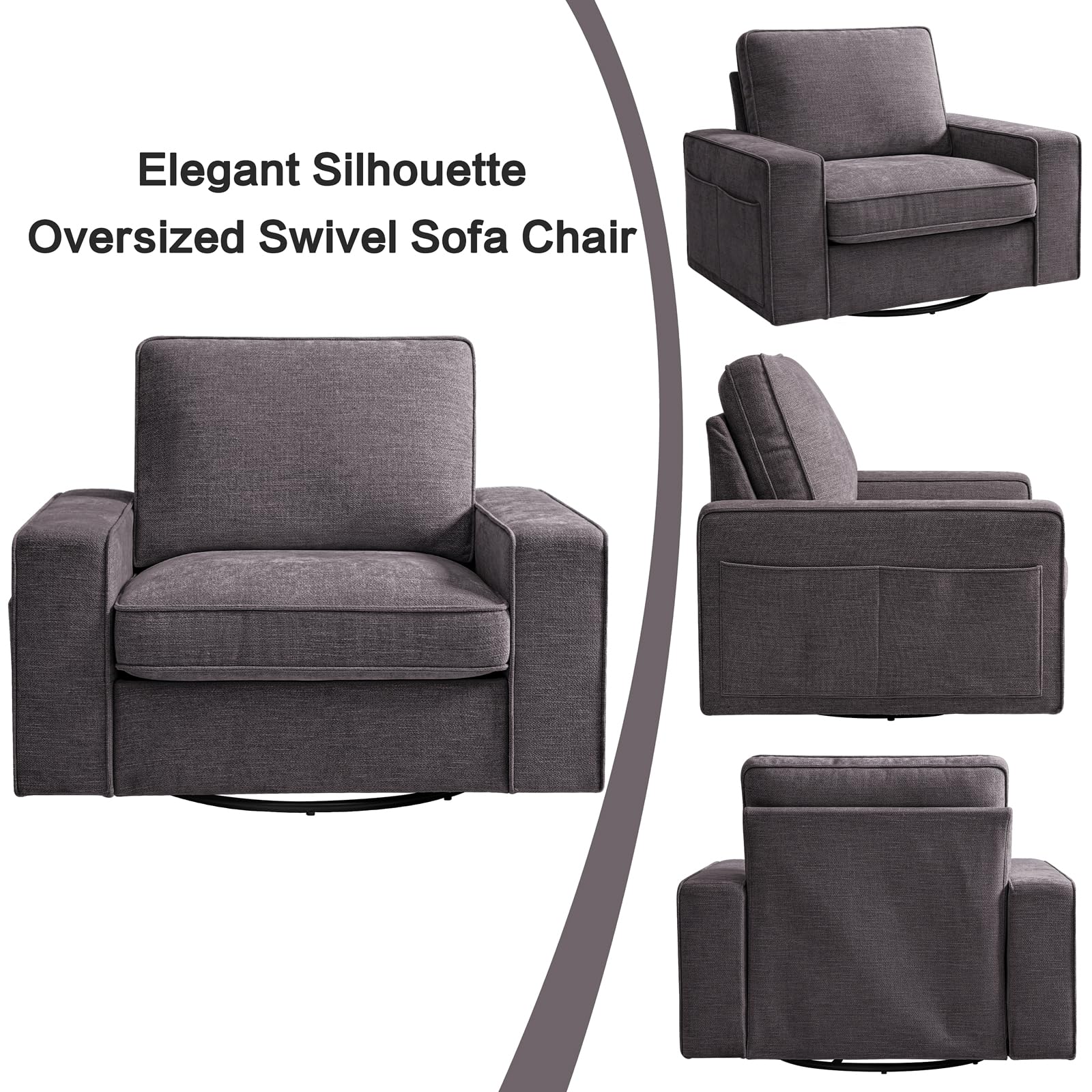 Swivel Accent Chair for Living Room - Comfy Single Sofa Chair with Soft Breathable Padding, Extra Wide Armrests & Washable Cover (Dark Gray, 40.7