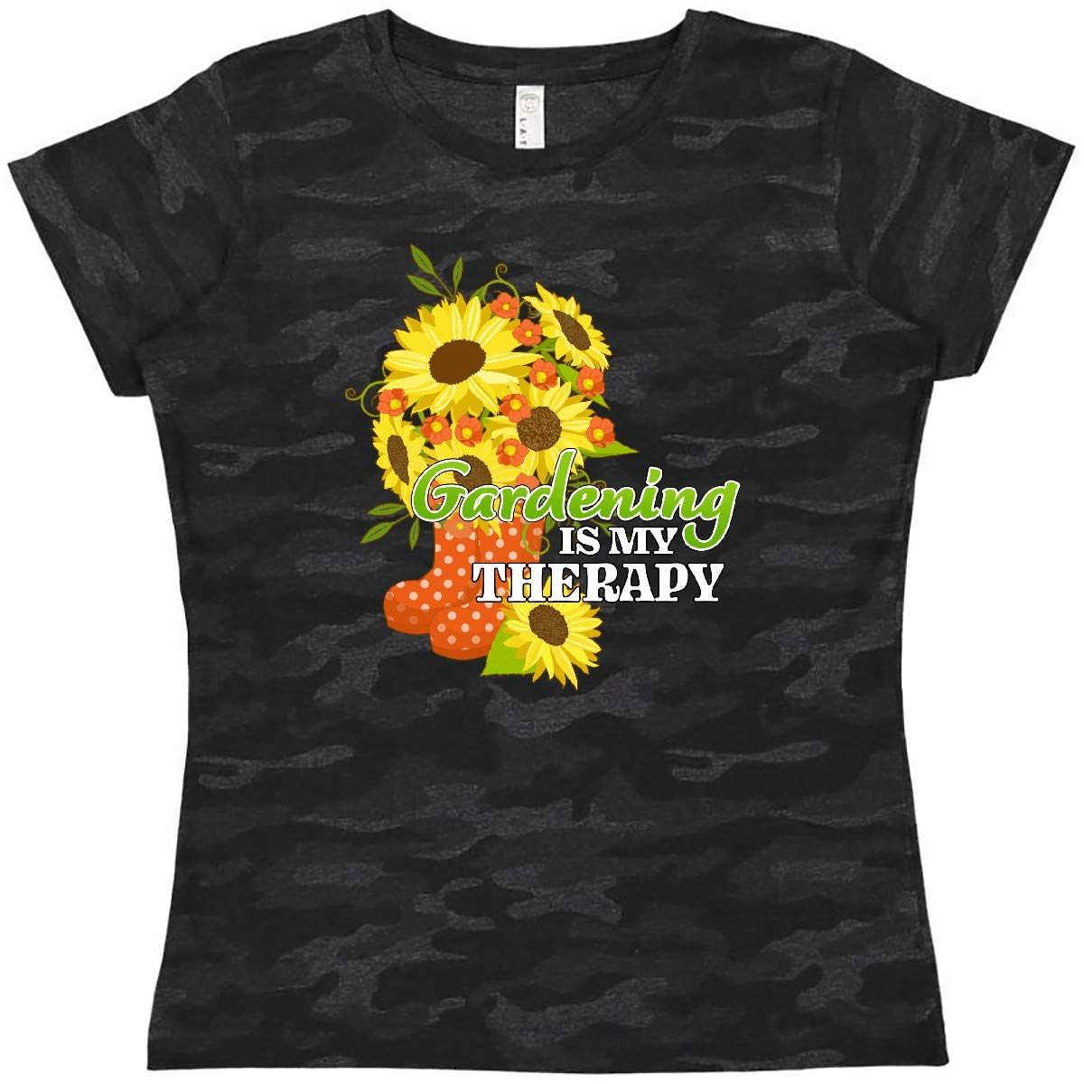 Inktastic Women's Gardening Therapy Sunflower & Boots Graphic T-Shirt - Comfortable Casual Tee for Gardening Enthusiasts & Outdoor Lovers