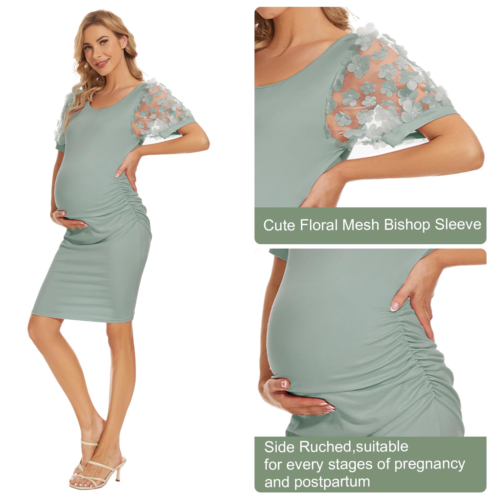 Floral Mesh Bishop Long Sleeve Maternity Midi Dress - Elegant Bodycon Pregnancy Dress for Baby Shower, Maternity Photoshoot & Fall Season | Perfect for Special Occasions, Pregnancy Announcements & Family Gatherings