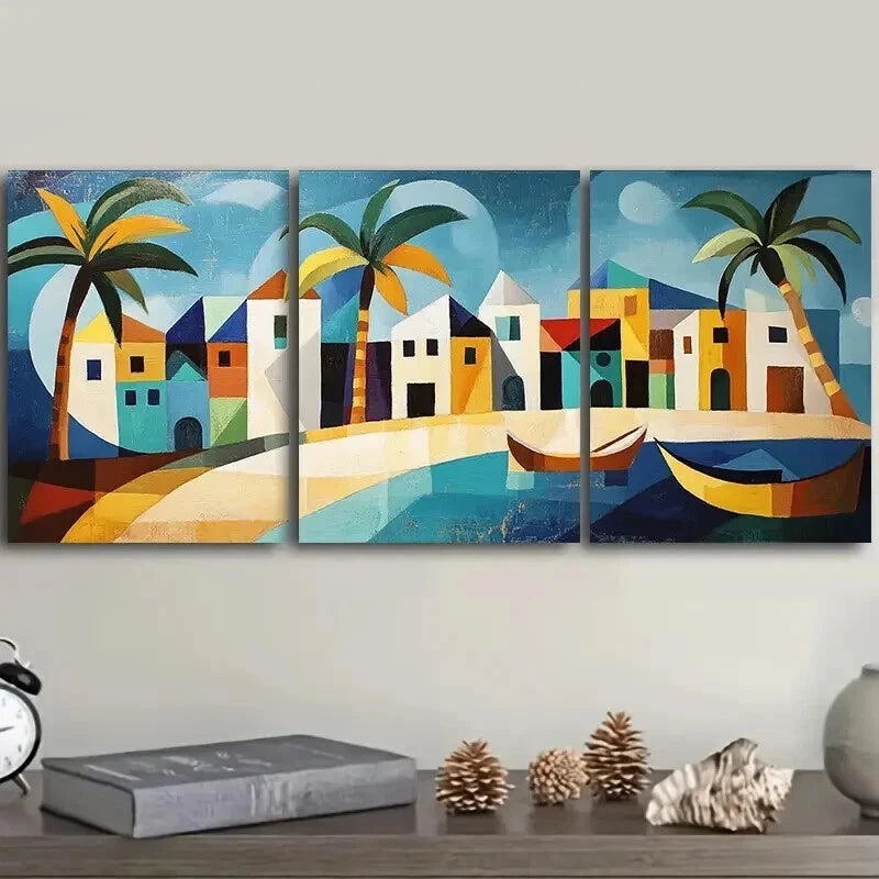 3-Piece Caribbean Houses and Boats Painting Wall Art Set - Framed Canvas 50x70cm - High Quality Print - 100% Australian Made - Ready to Hang - Perfect for Living Room, Bedroom, or Office Decor