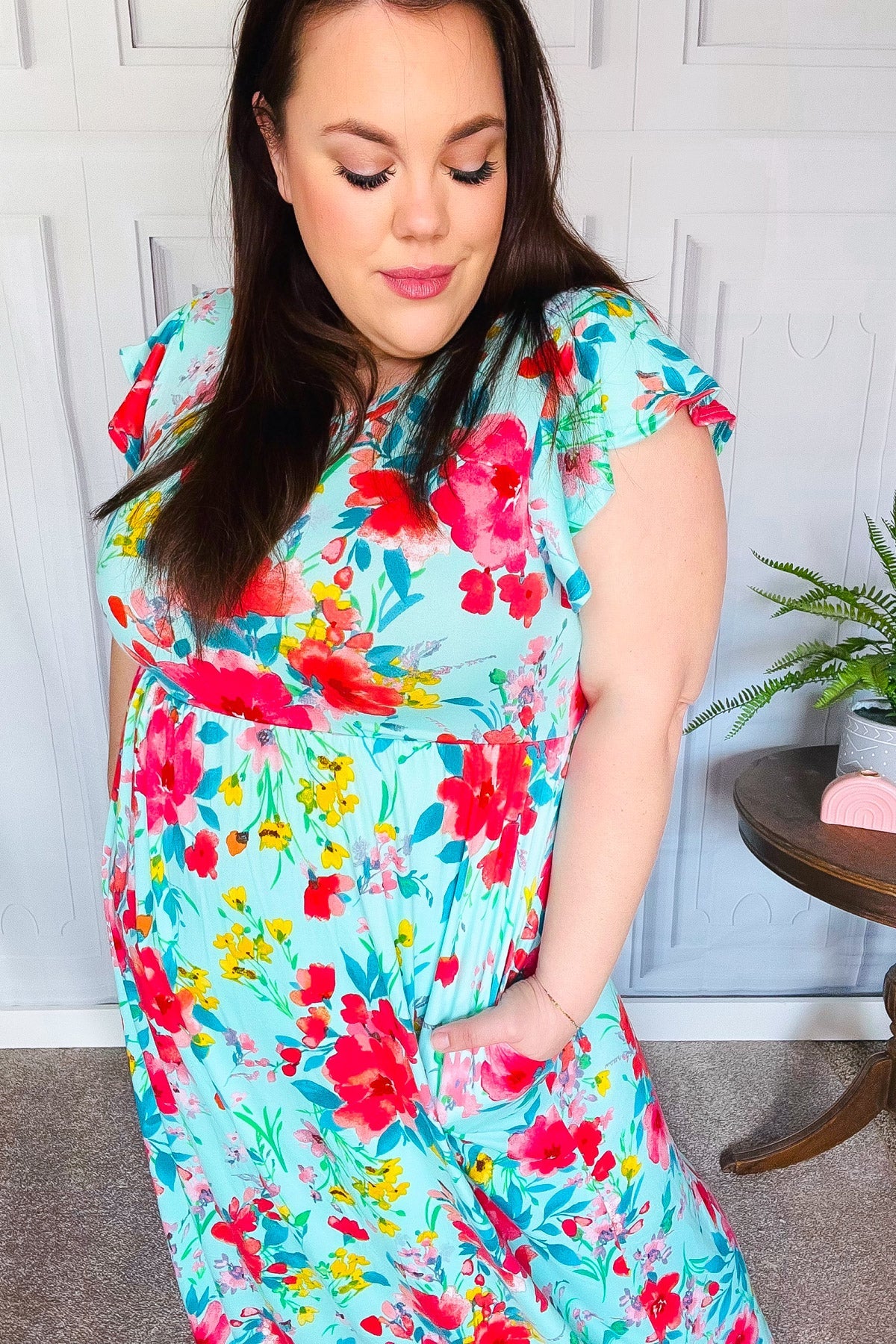 Aqua Floral Fit & Flare Maxi Dress for Women - Summer Beach Wedding Party Dress - Flowy Long Dress with V-Neck & Ruffle Hem
