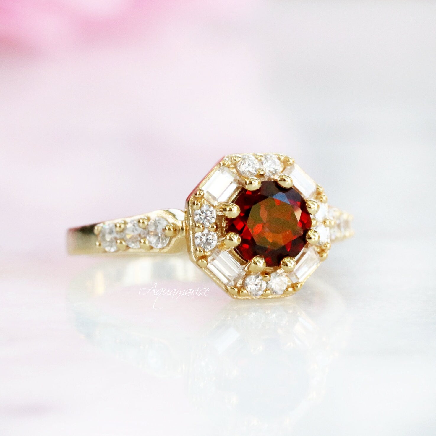 Hexagon Garnet Ring 14K Yellow Gold Vermeil - Elegant Bohemian Jewelry for Women, Perfect for Weddings, Parties & Everyday Wear