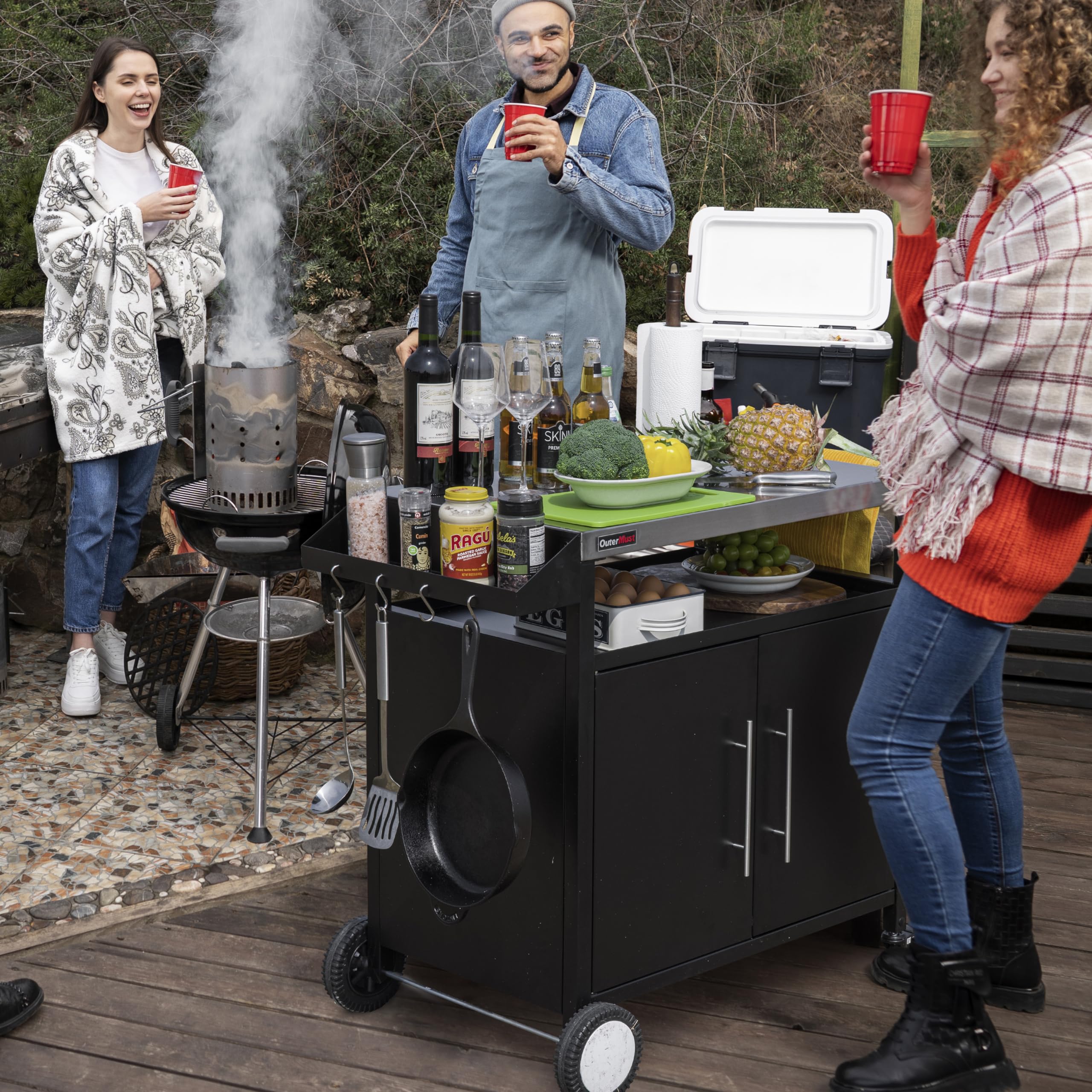 Premium Outdoor Grill Table & Kitchen Cabinet - Portable Prep Station with Storage for BBQ, Pizza Oven & Entertaining | Silver & Black | Patio, Backyard & Camping Use
