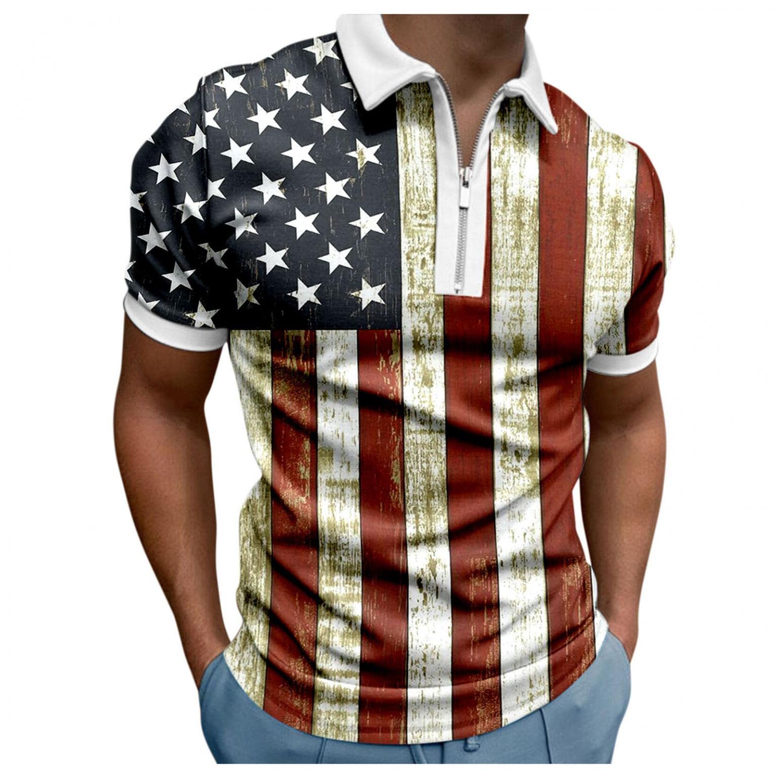 **Men's 3D American Flag Printed Polo Shirt - Short Sleeve Regular Fit Zipper Sports T-Shirt for Golf, Tennis & Casual Wear**