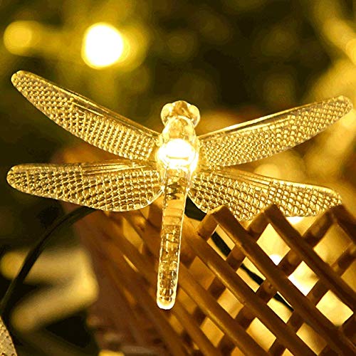 30LED Solar Dragonfly String Lights - 21ft Waterproof Outdoor Fairy Lights with 8 Lighting Modes | Warm White Garden Stake Lights for Patio, Fence, Trees & Christmas Decor | Perfect for Backyard, Wedding, Party & Landscape Lighting