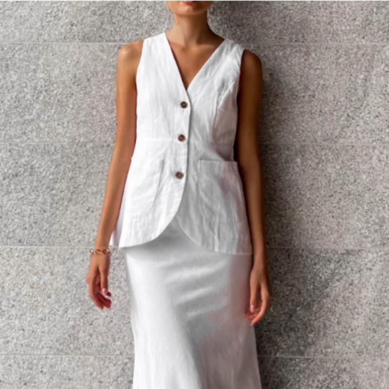 Elegant French Style Women's Long V-Neck Linen Vest with Pockets - Casual Summer Tops for Office Wear, Beach Outfits & Travel Essentials
