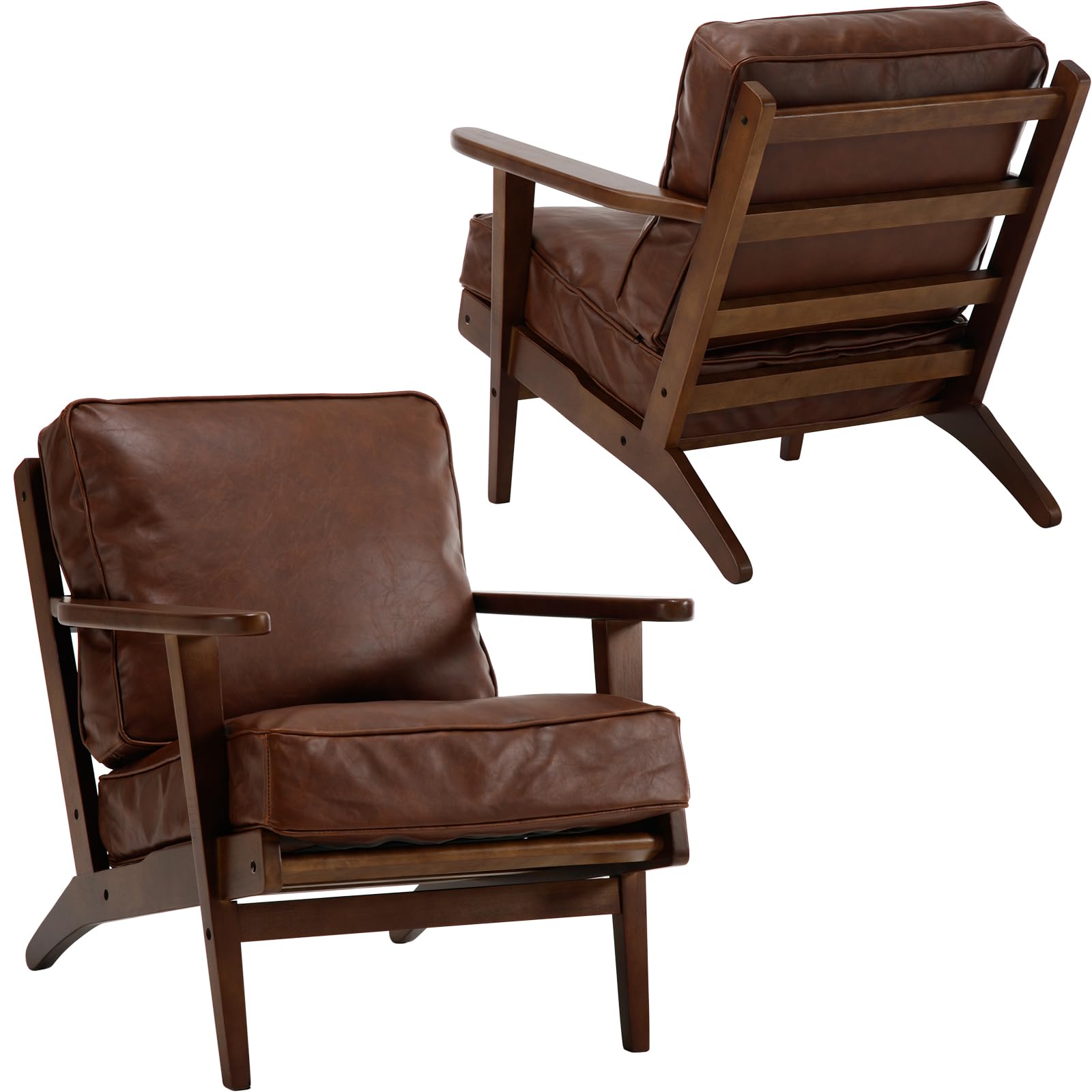 Mid Century Modern Accent Chairs Set of 2 - PU Leather Upholstered Armchairs with Solid Wood Frame for Living Room, Bedroom & Reading Nook - Elegant Brown Lounge Chairs for Home Decor & Relaxation